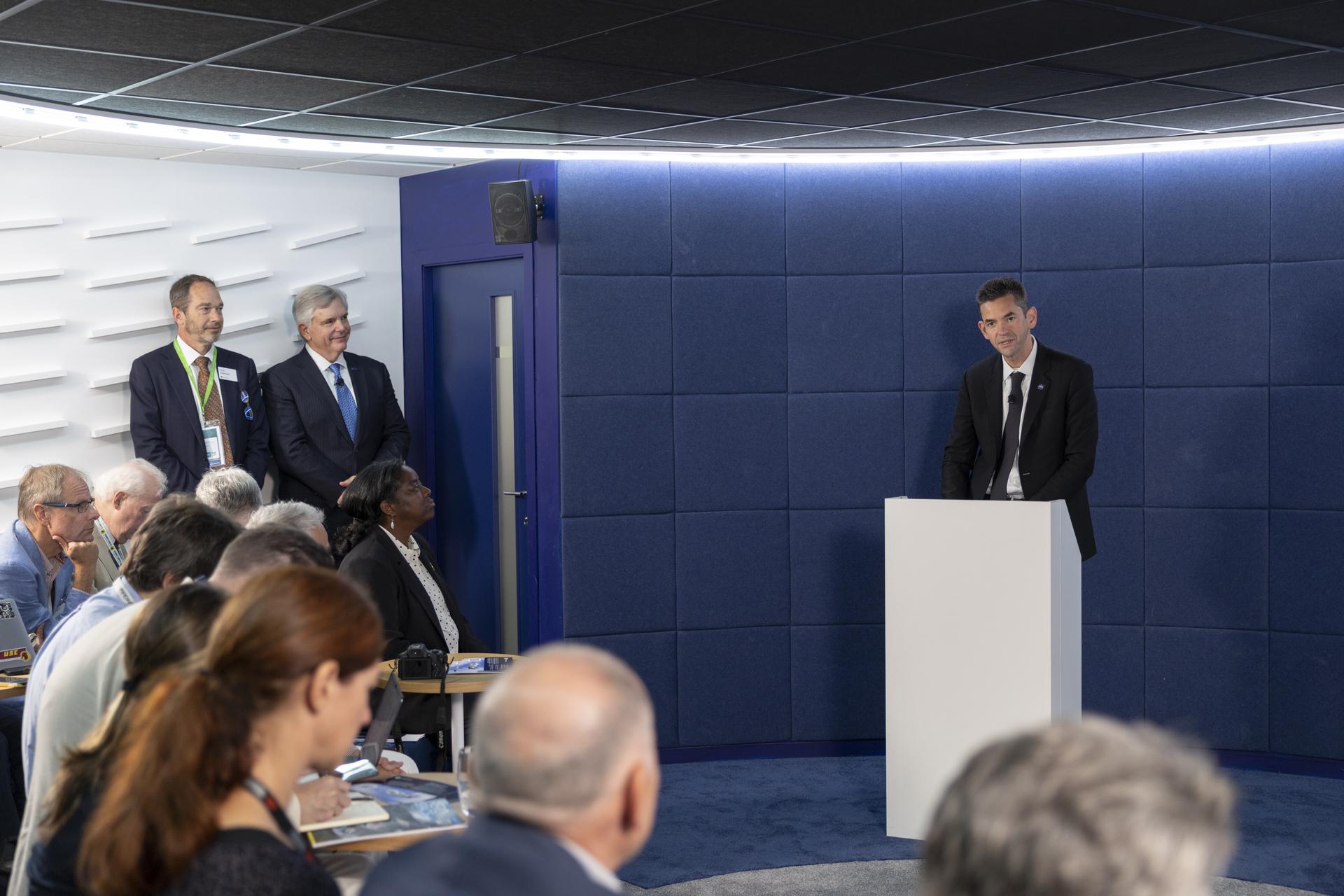 Jared Isaacman speaks at the GE Booth at the Farnborough International Airshow in Farnborough, UK.