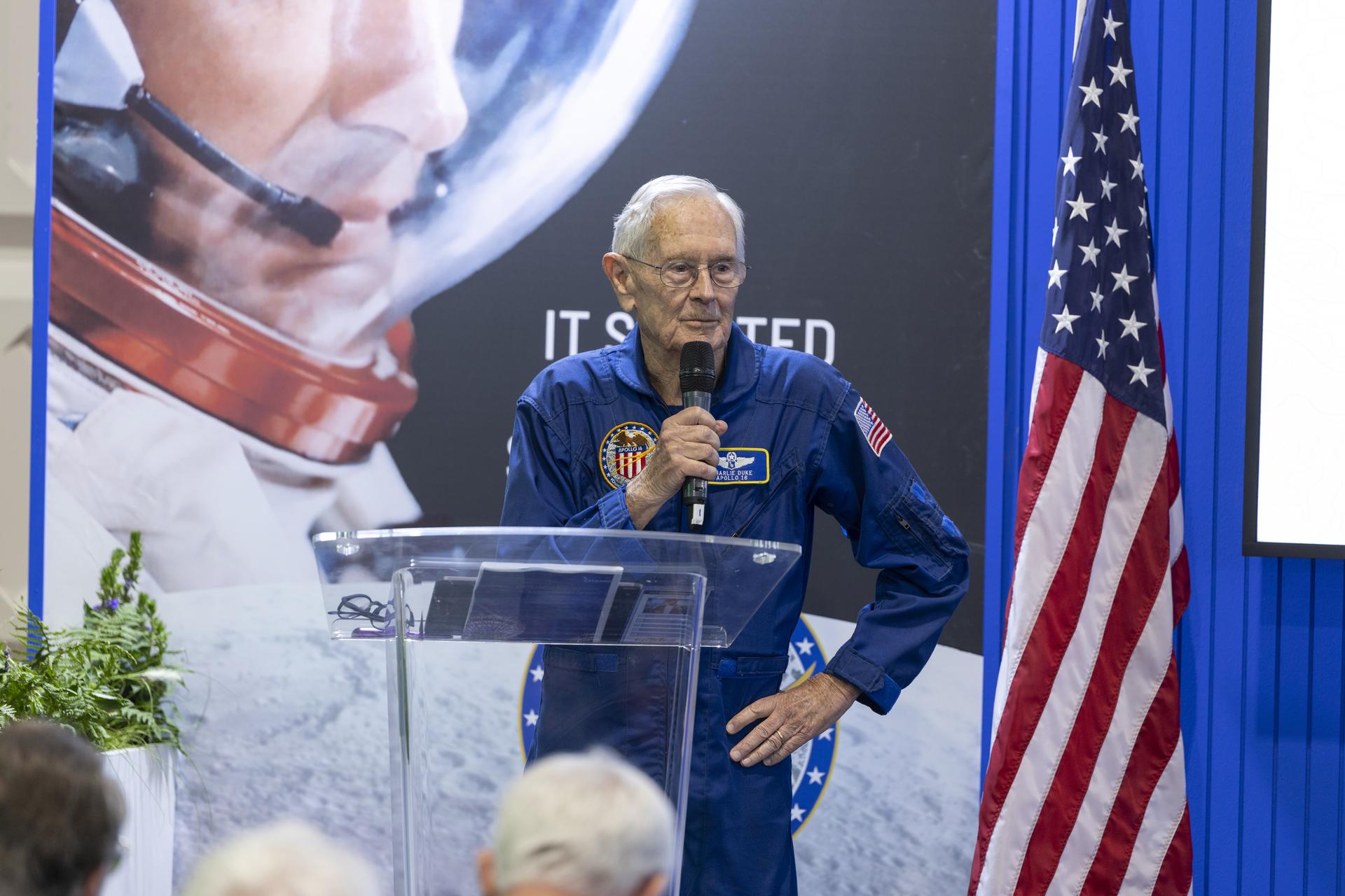 Charlie Duke speaks about the Apollo 11 landing at the U.S. Pavillion at the Farnborough International Airshow in Farnborough, UK.