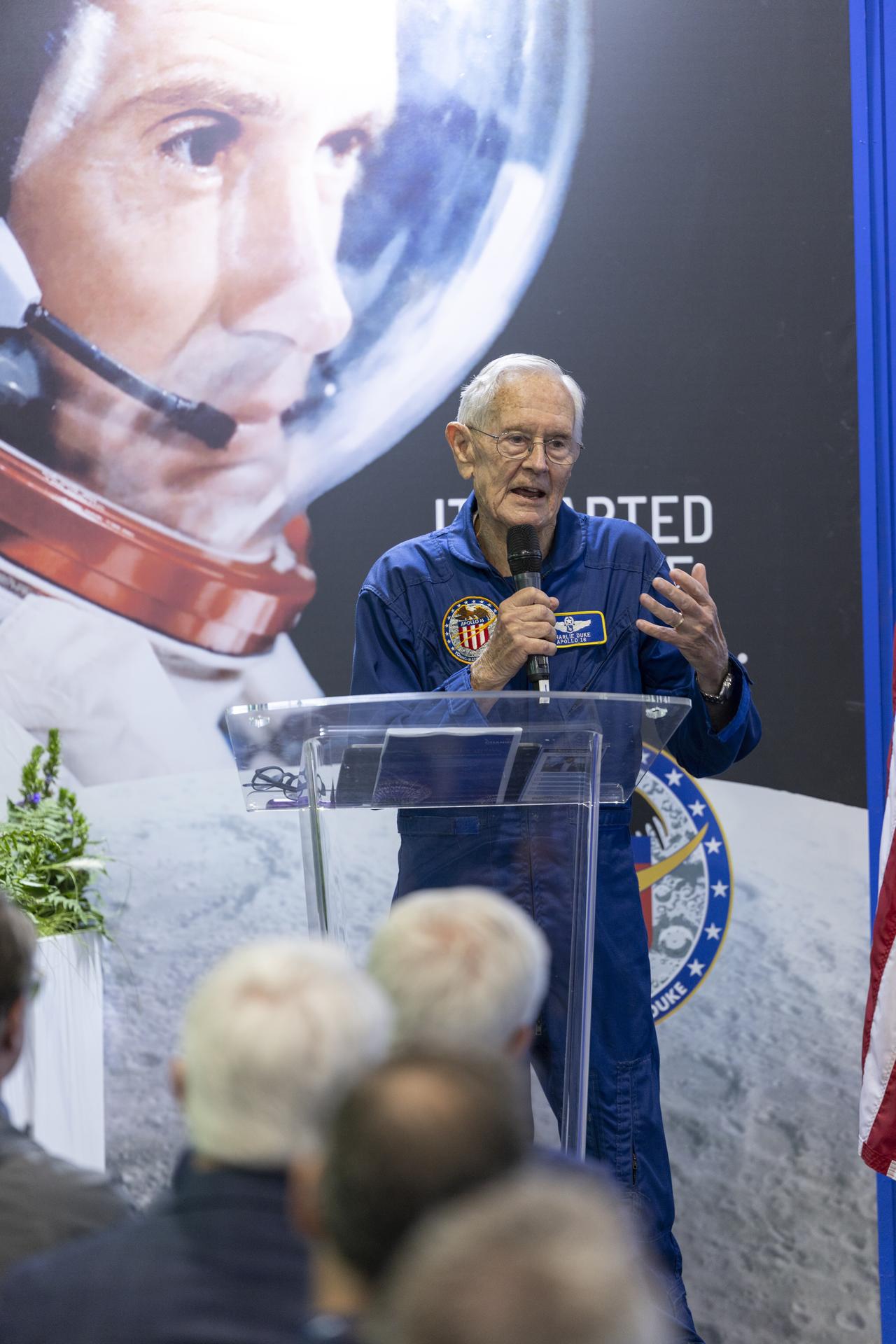 Charlie Duke speaks about the Apollo 11 landing at the U.S. Pavillion at the Farnborough International Airshow in Farnborough, UK.