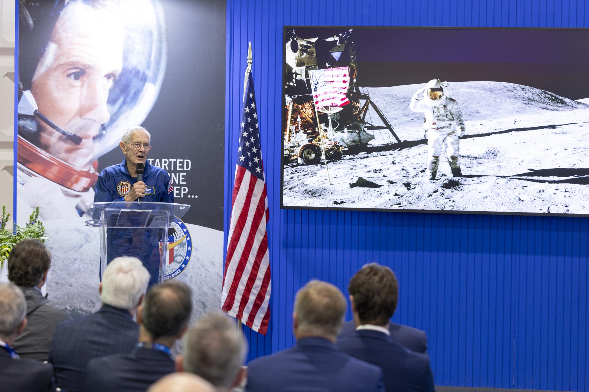 Charlie Duke speaks about the Apollo 11 landing at the U.S. Pavillion at the Farnborough International Airshow in Farnborough, UK.