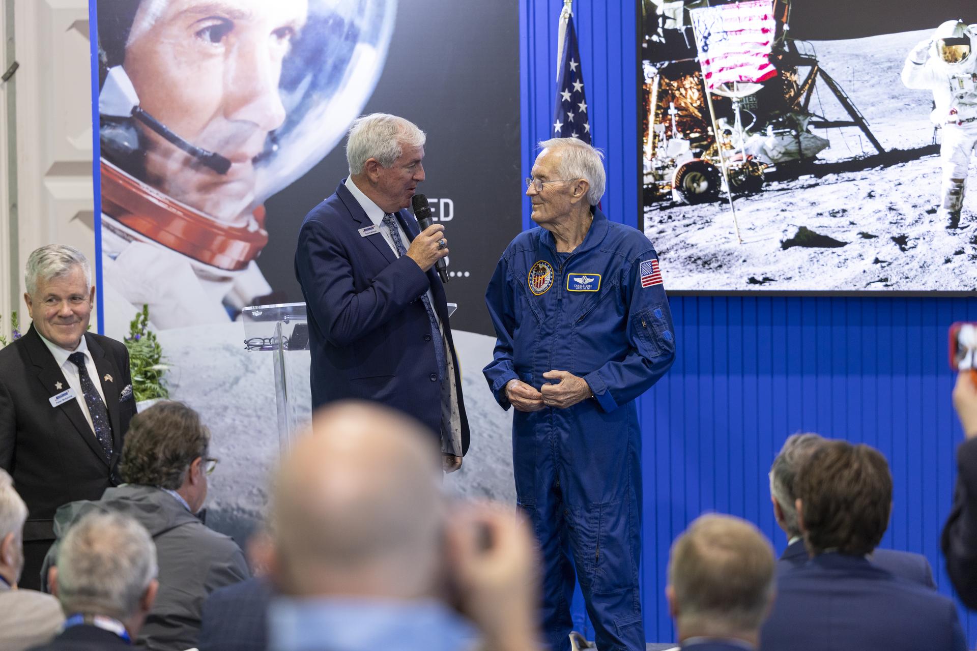 Charlie Duke speaks about the Apollo 11 landing at the U.S. Pavillion at the Farnborough International Airshow in Farnborough, UK.