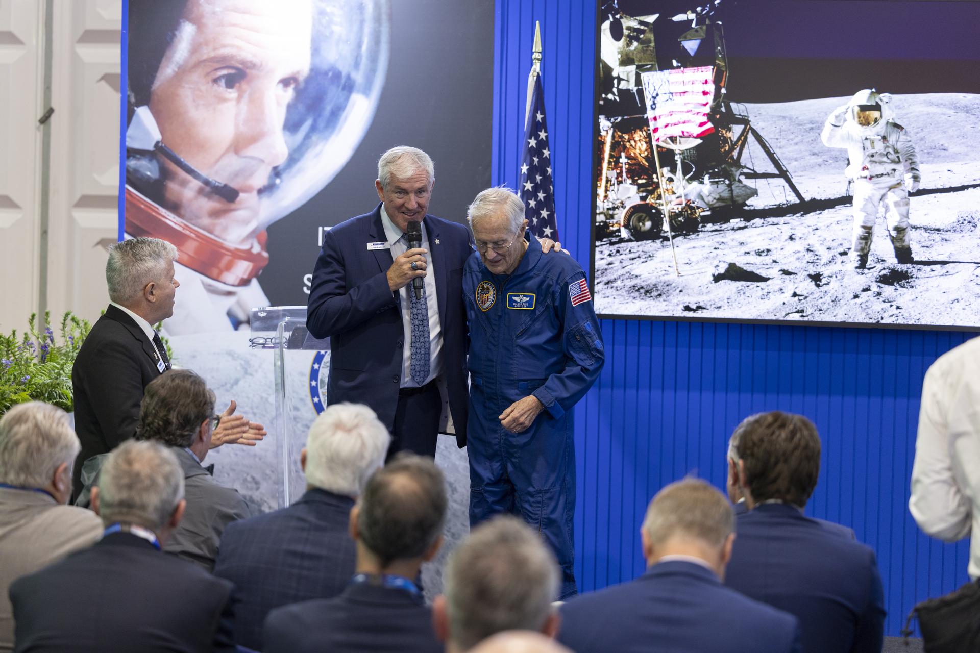 Charlie Duke speaks about the Apollo 11 landing at the U.S. Pavillion at the Farnborough International Airshow in Farnborough, UK.