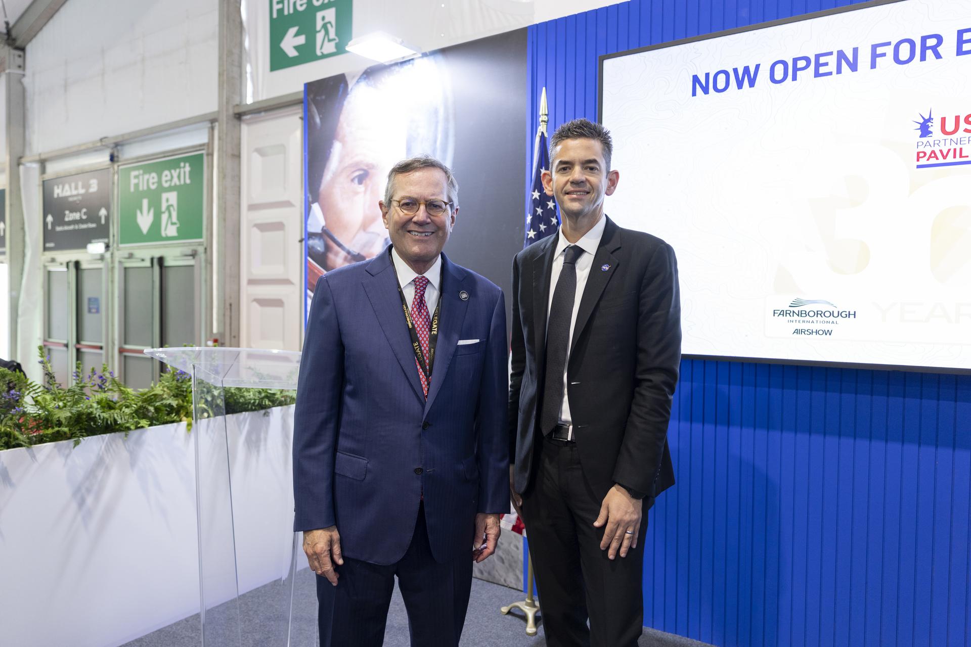 Jared Isaacman at Farnborough International Airshow pictured with The Honorable Warren Stephens, United States Ambassador to the United Kingdom in Farnborough, UK.