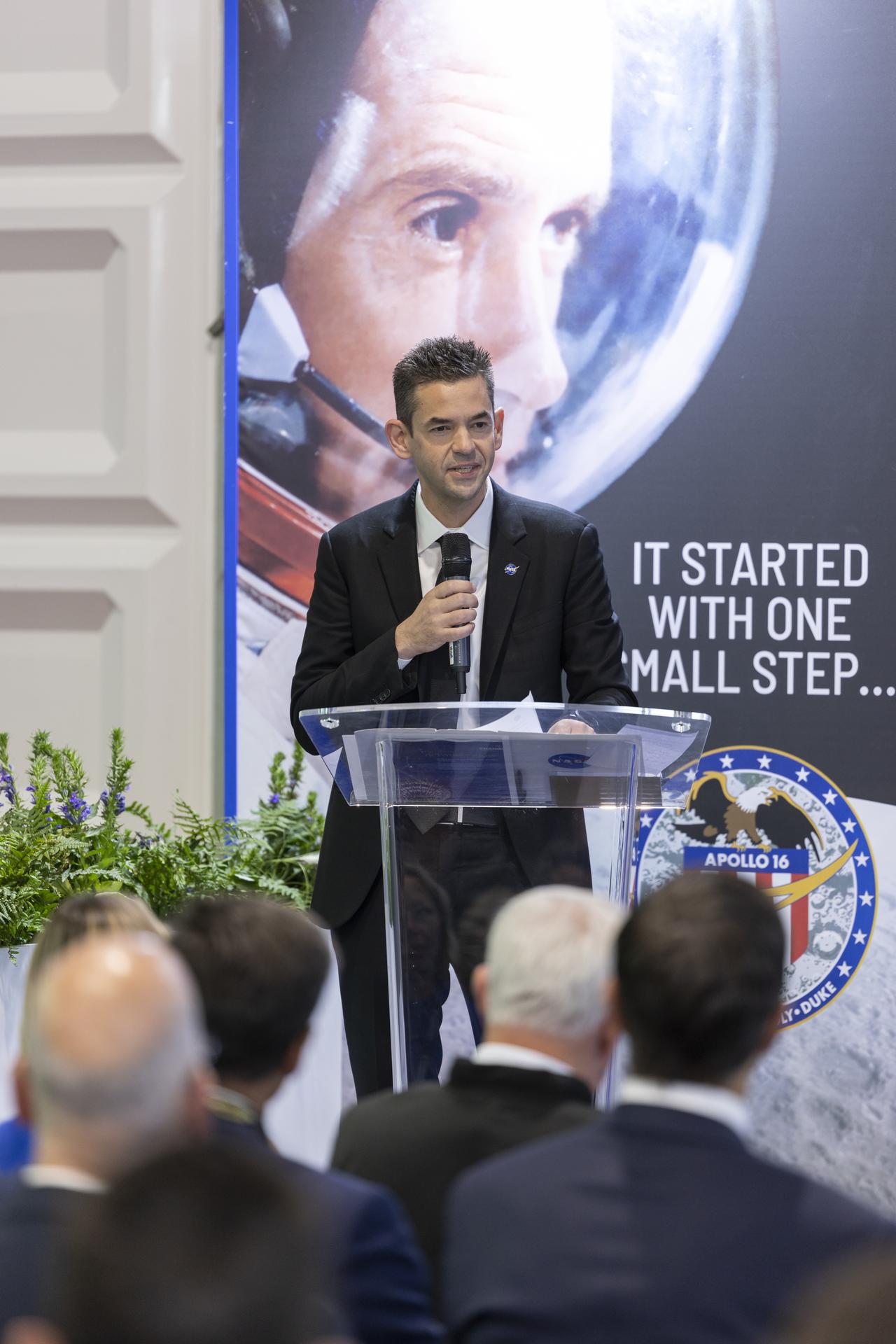 Jared Isaacman introduces Charlie Duke at the U.S. Pavillion at the Farnborough International Airshow in Farnborough, UK.