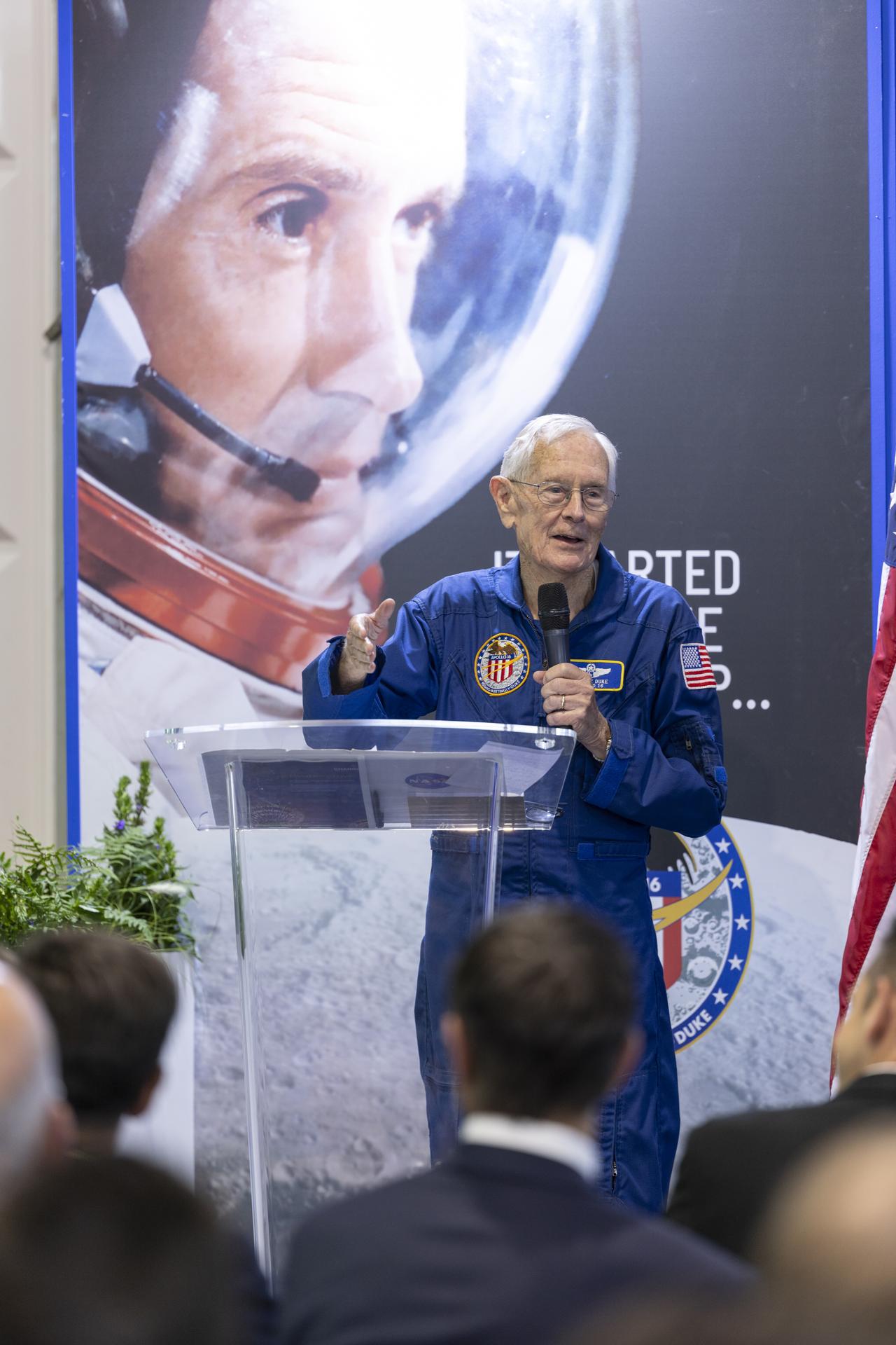 Charlie Duke speaks about the Apollo 11 landing at the U.S. Pavillion at the Farnborough International Airshow in Farnborough, UK.