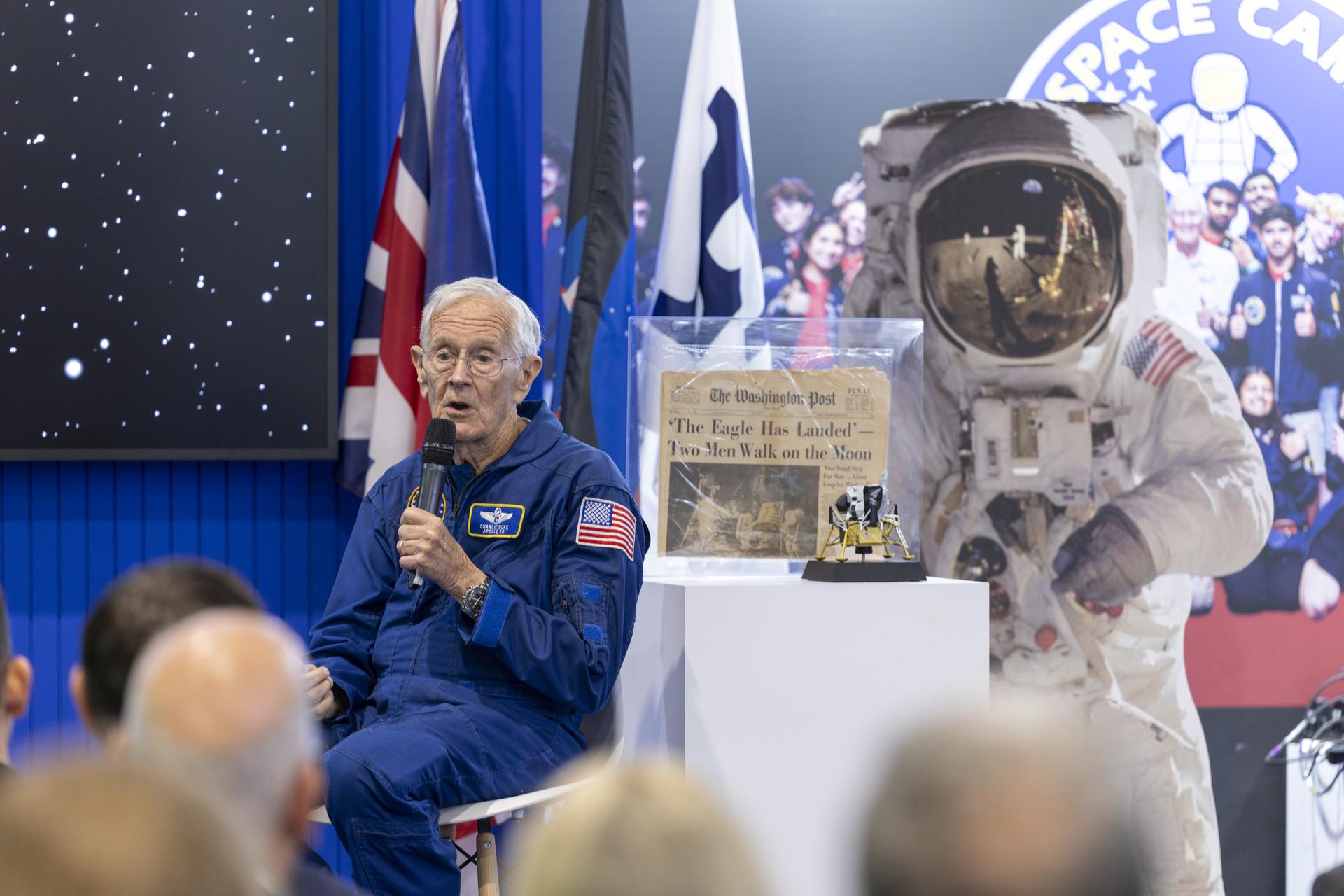 Charlie Duke speaks about the Apollo 11 landing at the U.S. Pavillion at the Farnborough International Airshow in Farnborough, UK.