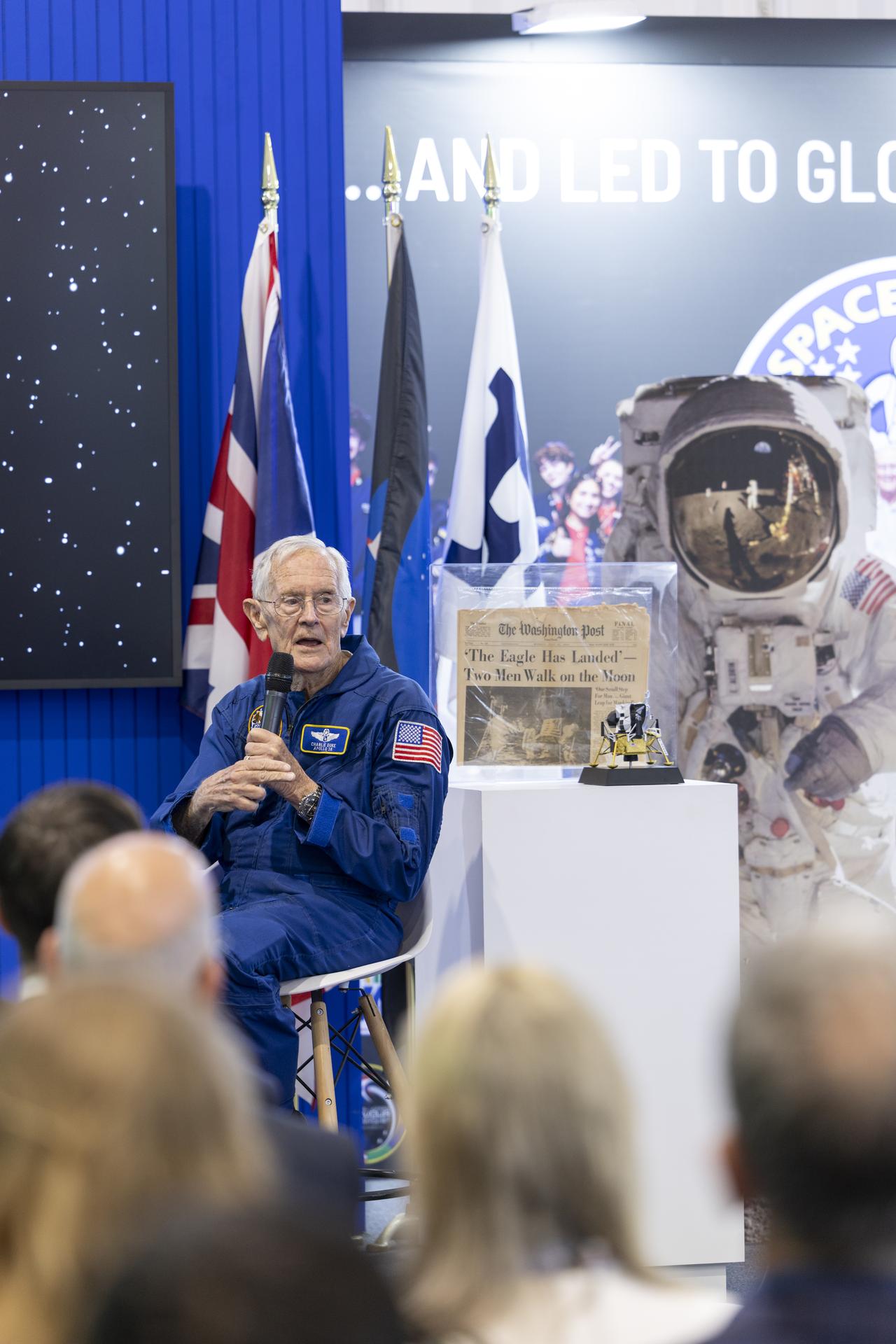Charlie Duke speaks about the Apollo 11 landing at the U.S. Pavillion at the Farnborough International Airshow in Farnborough, UK.