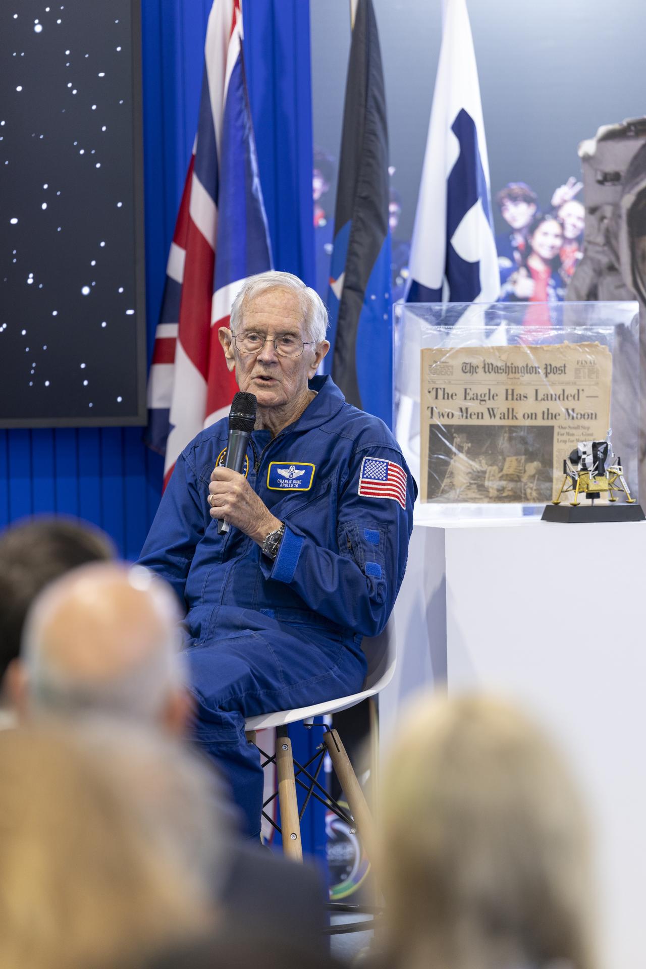 Charlie Duke speaks about the Apollo 11 landing at the U.S. Pavillion at the Farnborough International Airshow in Farnborough, UK.