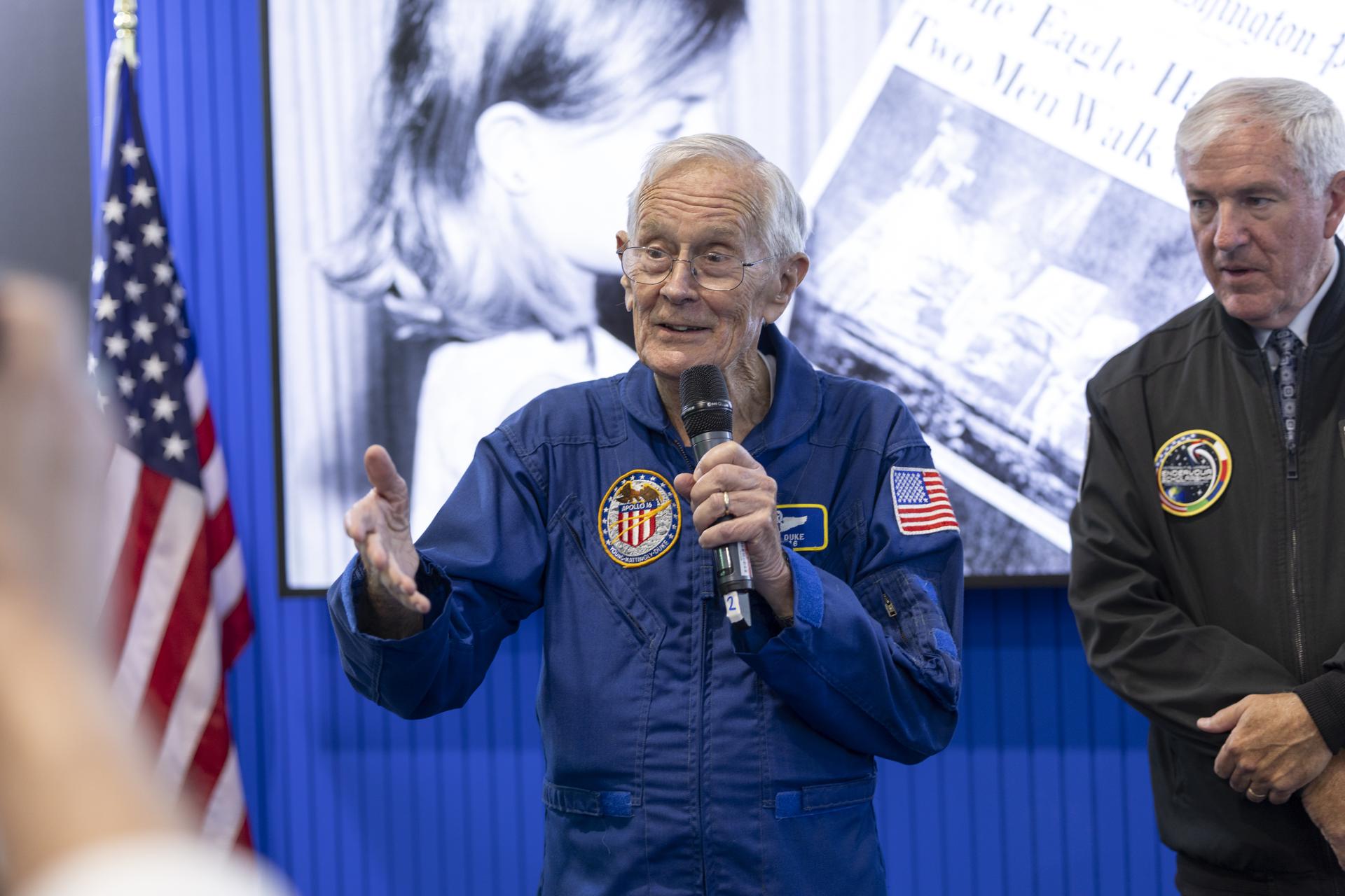 Charlie Duke speaks about the Apollo 11 landing at the U.S. Pavillion at the Farnborough International Airshow in Farnborough, UK.