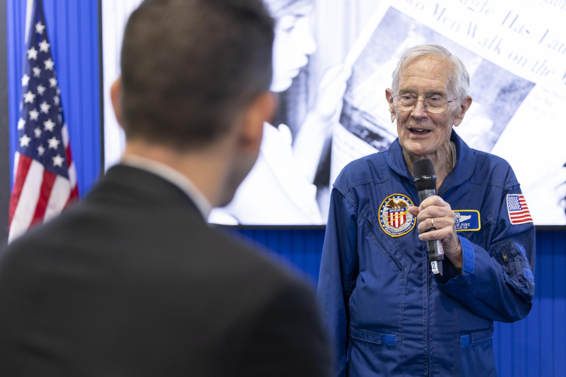 Charlie Duke speaks about the Apollo 11 landing at the U.S. Pavillion at the Farnborough International Airshow in Farnborough, UK.