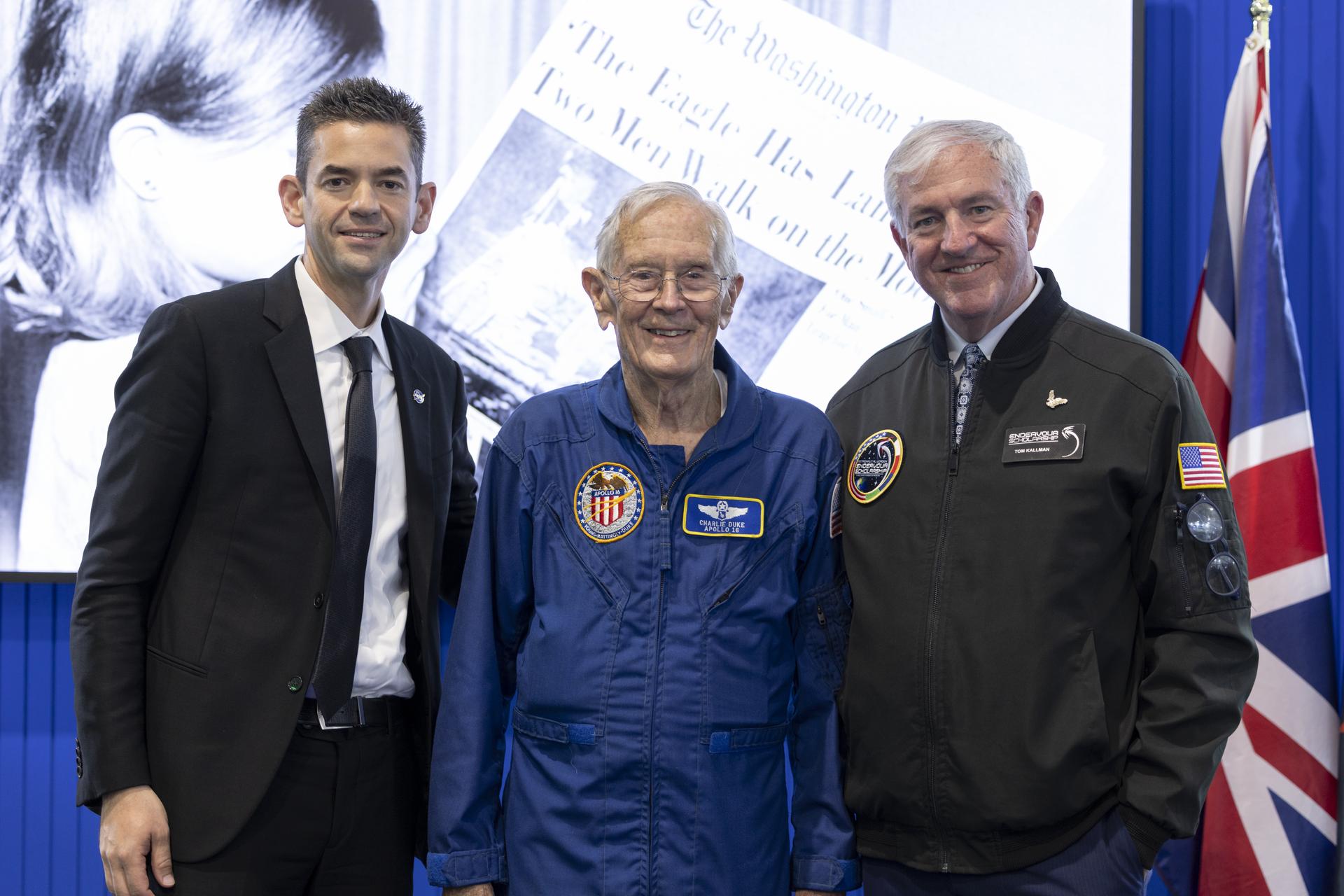 Charlie Duke speaks about the Apollo 11 landing at the U.S. Pavillion at the Farnborough International Airshow in Farnborough, UK.