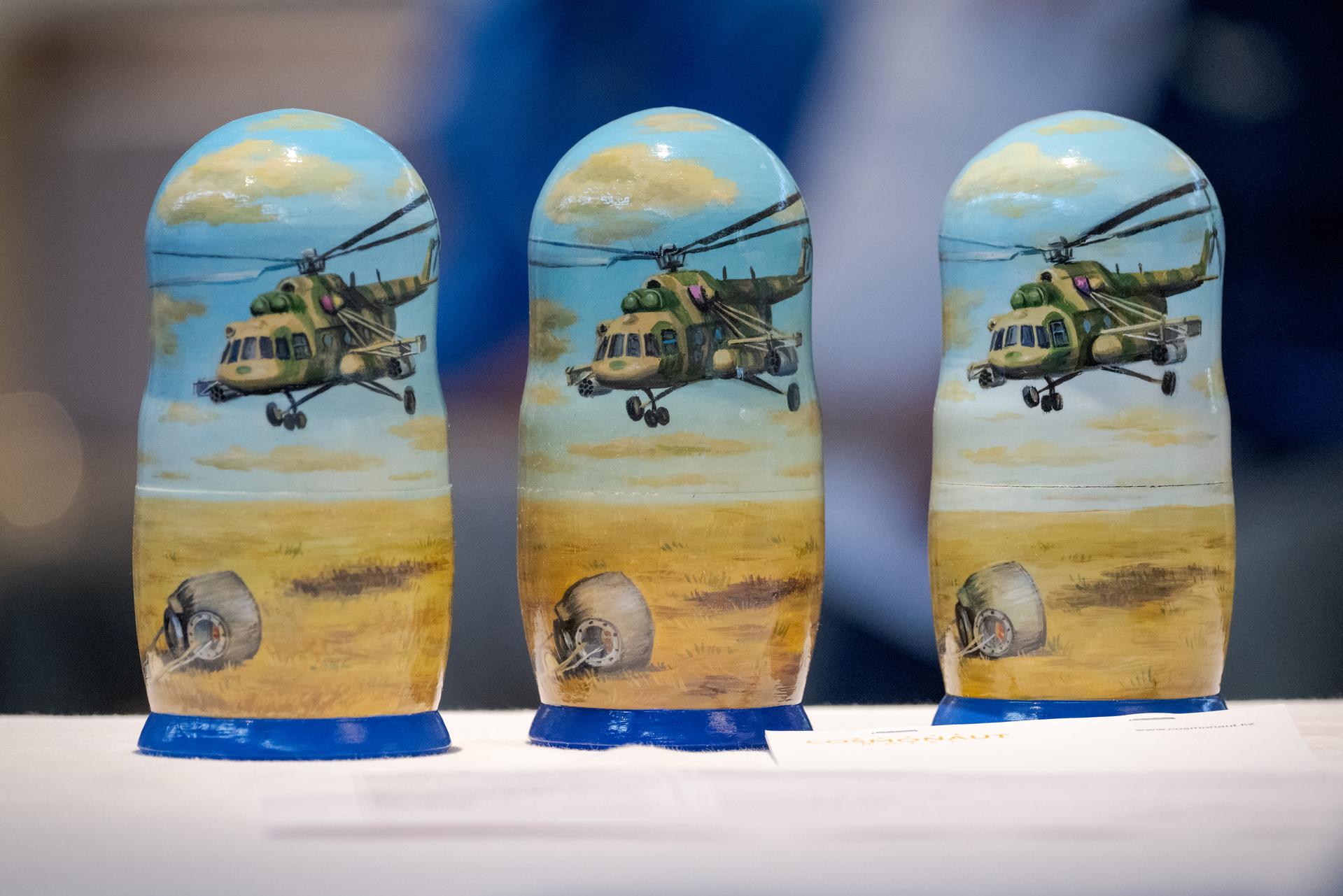 The back of Matryoshka Dolls for the returning crew are seen as NASA, Roscosmos, and Russian Search and Recovery Forces meet at the Cosmonaut Hotel in Karaganda, Kazakhstan, Saturday, July 25, 2026, to discuss the readiness for the landing of Expedition 74 NASA astronaut Chris Williams, and Roscosmos cosmonauts Sergey Kud-Sverchkov, and Sergei Mikaev. Photo Credit: (NASA/Bill Ingalls)