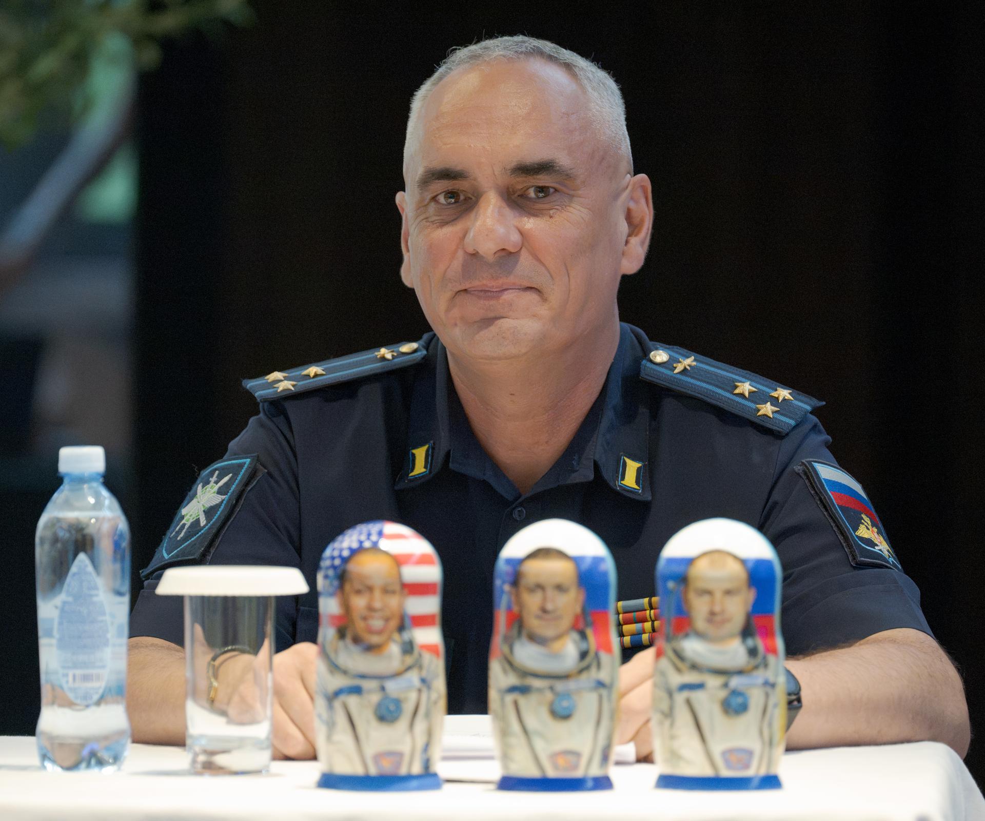 Malyshev Konstantin Evgenyevich, Head of the operational group, Russian Air Force, is seen as NASA, Roscosmos, and Russian Search and Recovery Forces meet at the Cosmonaut Hotel in Karaganda, Kazakhstan, Saturday, July 25, 2026, to discuss the readiness for the landing of Expedition 74 NASA astronaut Chris Williams, and Roscosmos cosmonauts Sergey Kud-Sverchkov, and Sergei Mikaev. Photo Credit: (NASA/Bill Ingalls)