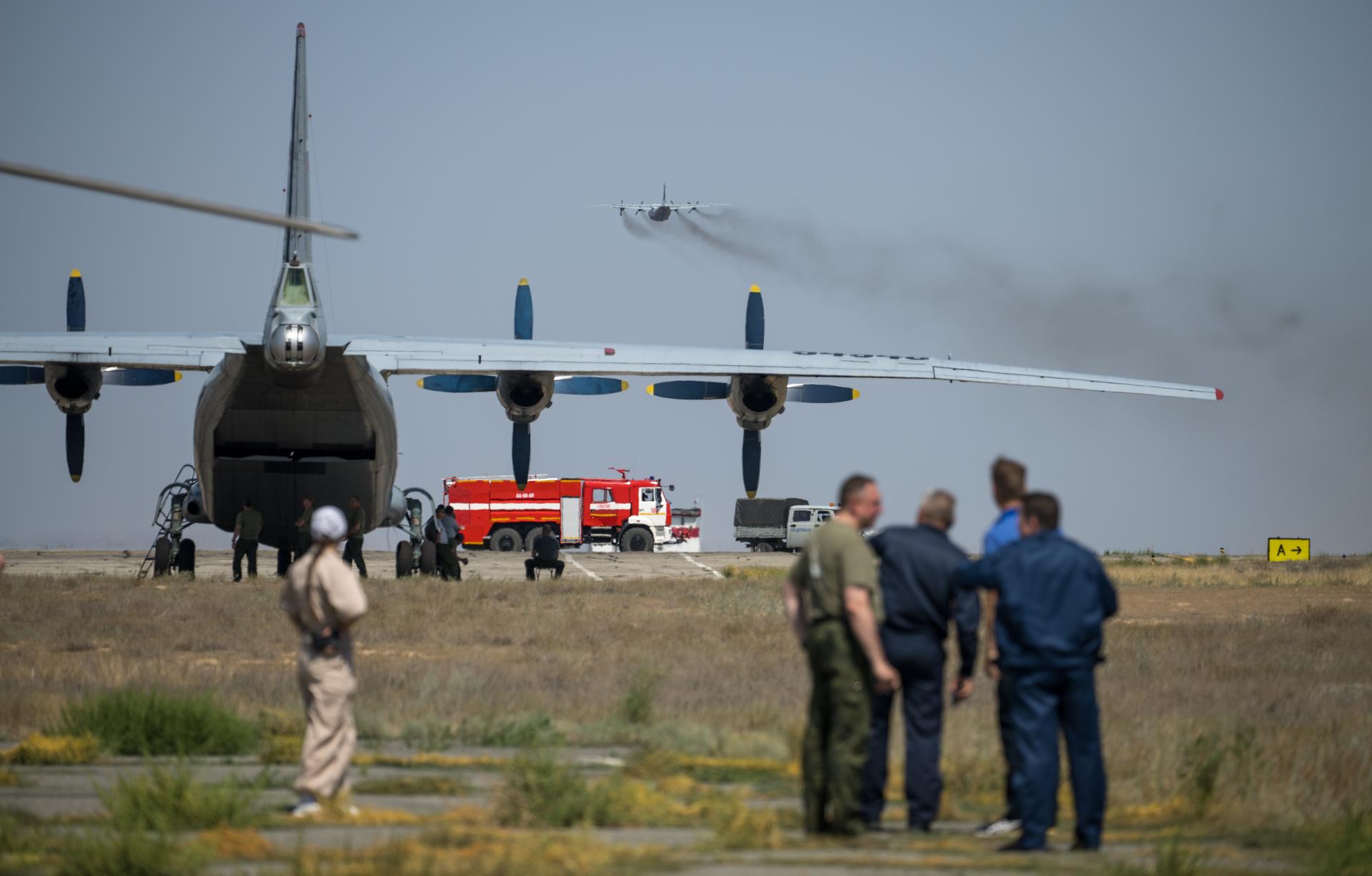 A Russian aircraft takes off as NASA, Roscosmos, and Russian Search and Recovery Forces prepare for the landing of Expedition 74 NASA astronaut Chris Williams, and Roscosmos cosmonauts Sergey Kud-Sverchkov, and Sergei Mikaev, Sunday, July 26, 2026 in Zhezkazgan, Kazakhstan. Williams, Kud-Sverchkov, and Mikaev, are returning to Earth after logging 241 days in space as a members of Expeditions 73 and 74 aboard the International Space Station. Photo Credit: (NASA/Bill Ingalls)