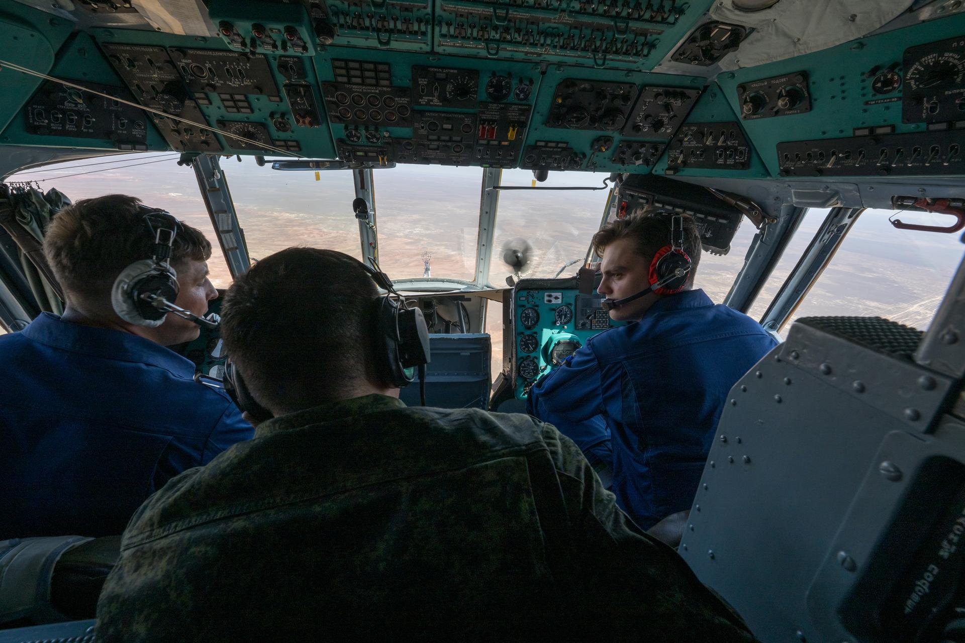 Russian Search and Recovery Forces fly their MI-8 Helicopter to the predicted landing site of Expedition 74 NASA astronaut Chris Williams, and Roscosmos cosmonauts Sergey Kud-Sverchkov, and Sergei Mikaev, Sunday, July 26, 2026 outside of Zhezkazgan, Kazakhstan. Williams, Kud-Sverchkov, and Mikaev, are returning to Earth after logging 241 days in space as a members of Expeditions 73 and 74 aboard the International Space Station. Photo Credit: (NASA/Bill Ingalls)