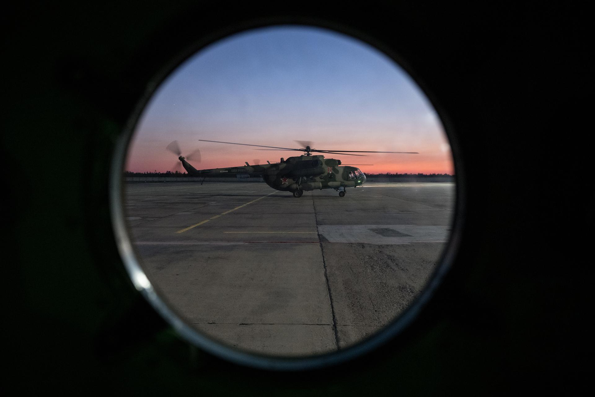 Helicopters carrying Expedition 74 NASA astronaut Chris Williams, and Roscosmos cosmonauts Sergey Kud-Sverchkov, and Sergei Mikaev arrive at the Karaganda Airport in Kazakhstan a few hours after the trio landed in their Soyuz MS-28 spacecraft near the town of Zhezkazgan, Kazakhstan, Sunday, July 26, 2026. The trio returned to Earth after logging 241 days in space as members of Expeditions 73 and 74 aboard the International Space Station. Photo Credit: (NASA/Bill Ingalls)