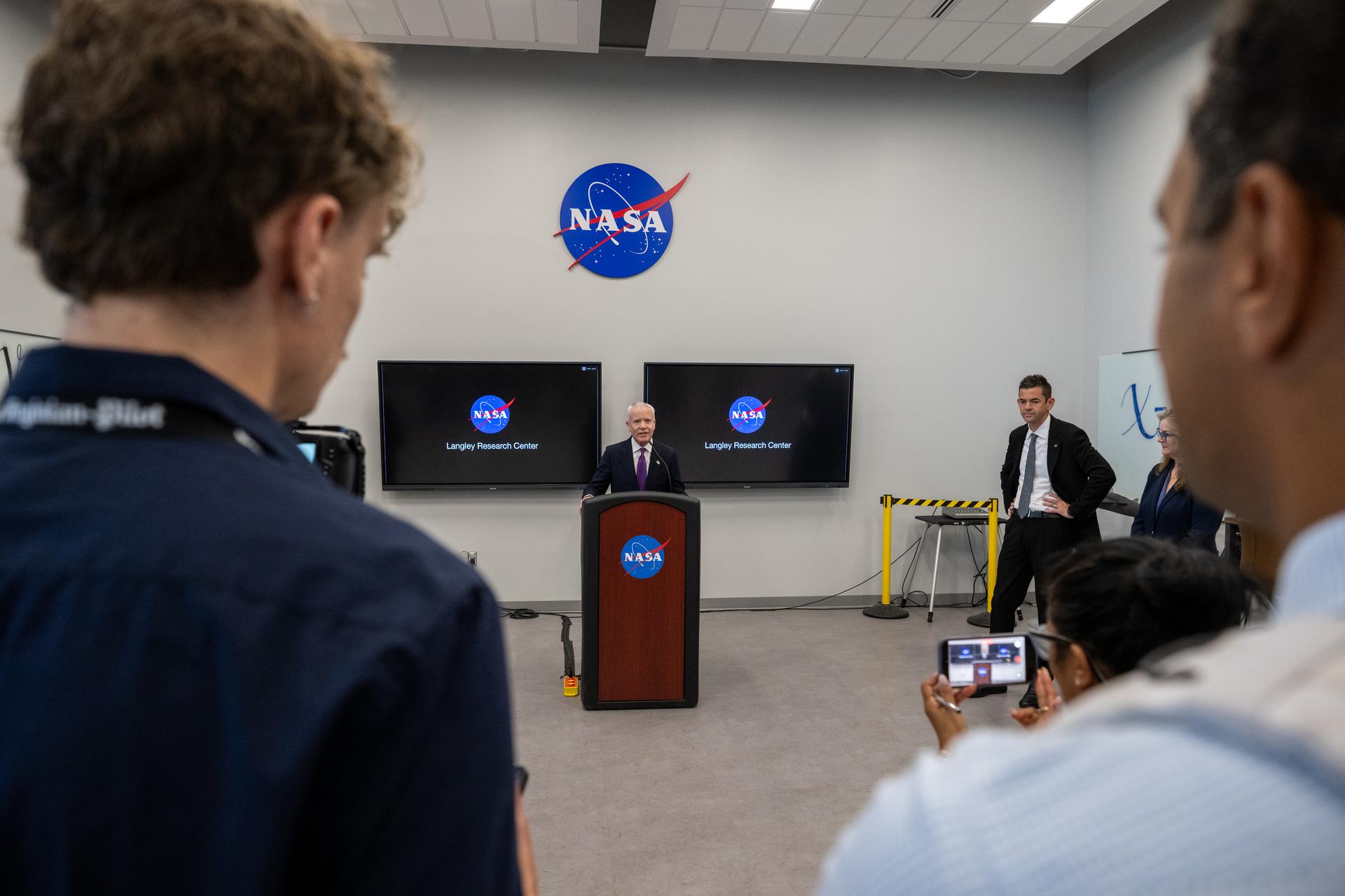 Edward C. Forst, Administrator of the General Services Administration, speaks with members of the media at the Flight Dynamics Research Facility, NASA's newest wind tunnel, Friday, July 31, 2026, at NASA’s Langley Research Center in Hampton, Virginia. The state-of-the-art facility will support research and technology development that will advance the agency’s aeronautics, exploration, and science goals, including establishing a sustained human presence on the lunar surface through the Artemis program and the development of a Moon Base. Photo Credit: (NASA/Keegan Barber)