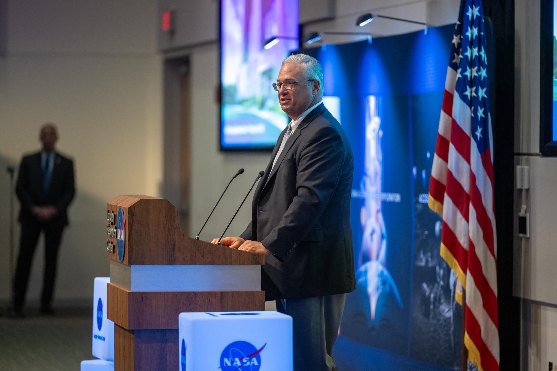Mike Waller, vice president of BL Harbert International Federal Division delivers remarks during a ribbon cutting ceremony for the Flight Dynamics Research Facility, NASA's newest wind tunnel, Friday, July 31, 2026, at NASA’s Langley Research Center in Hampton, Virginia. The state-of-the-art facility will support research and technology development that will advance the agency’s aeronautics, exploration, and science goals, including establishing a sustained human presence on the lunar surface through the Artemis program and the development of a Moon Base. Photo Credit: (NASA/Keegan Barber)