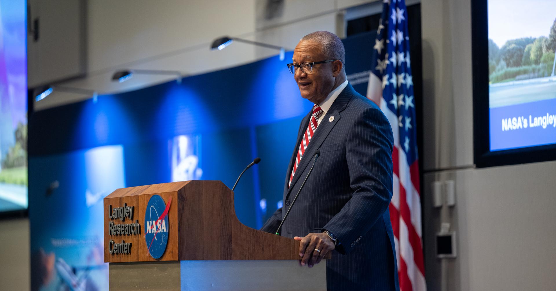 City of Hampton Mayor Jimmy Gray delivers remarks during a ribbon cutting ceremony for the Flight Dynamics Research Facility, NASA's newest wind tunnel, Friday, July 31, 2026, at NASA’s Langley Research Center in Hampton, Virginia. The state-of-the-art facility will support research and technology development that will advance the agency’s aeronautics, exploration, and science goals, including establishing a sustained human presence on the lunar surface through the Artemis program and the development of a Moon Base. Photo Credit: (NASA/Keegan Barber)