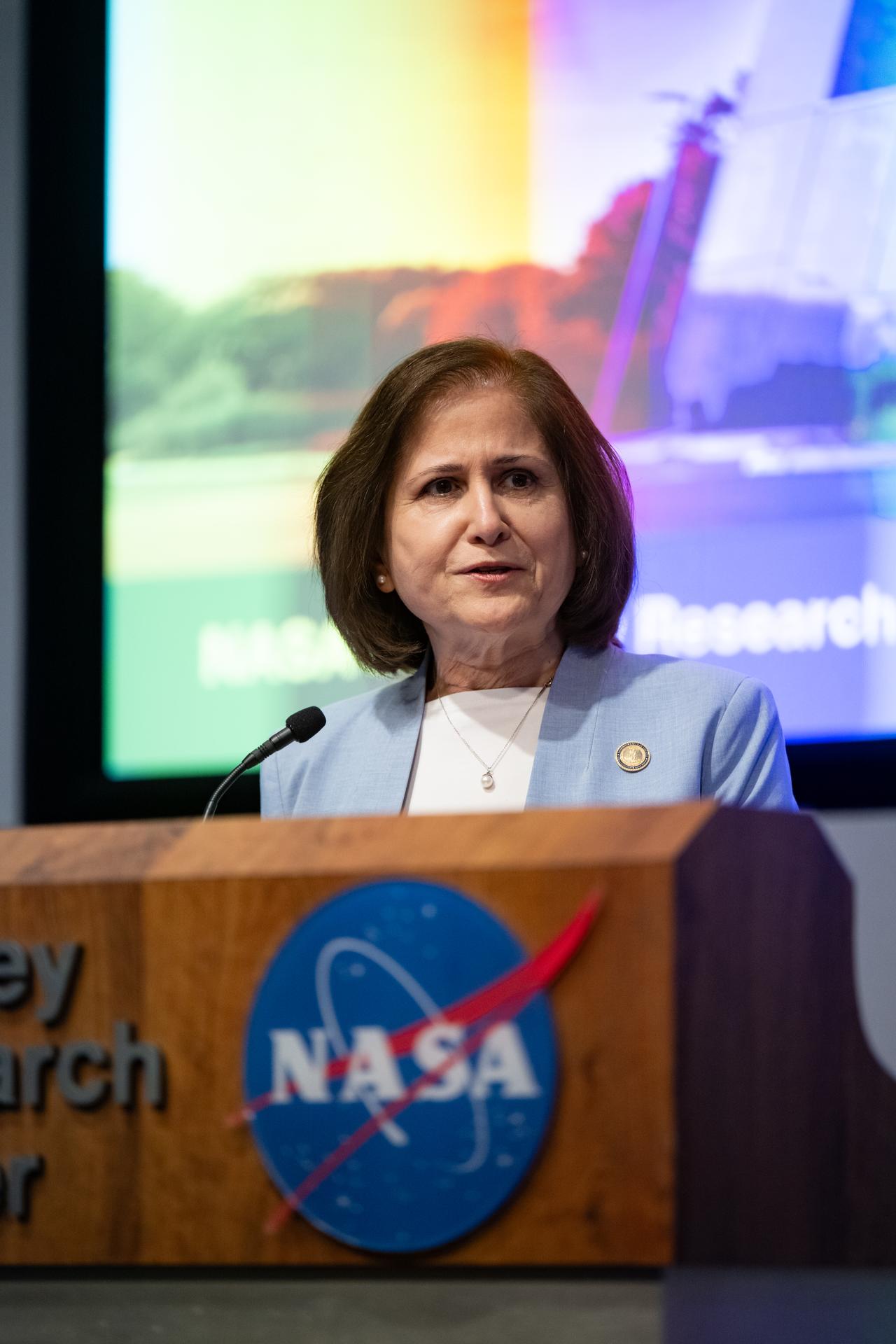 Virginia Lt. Governor Ghazala F. Hashmi delivers remarks during a ribbon cutting ceremony for the Flight Dynamics Research Facility, NASA's newest wind tunnel, Friday, July 31, 2026, at NASA’s Langley Research Center in Hampton, Virginia. The state-of-the-art facility will support research and technology development that will advance the agency’s aeronautics, exploration, and science goals, including establishing a sustained human presence on the lunar surface through the Artemis program and the development of a Moon Base. Photo Credit: (NASA/Keegan Barber)