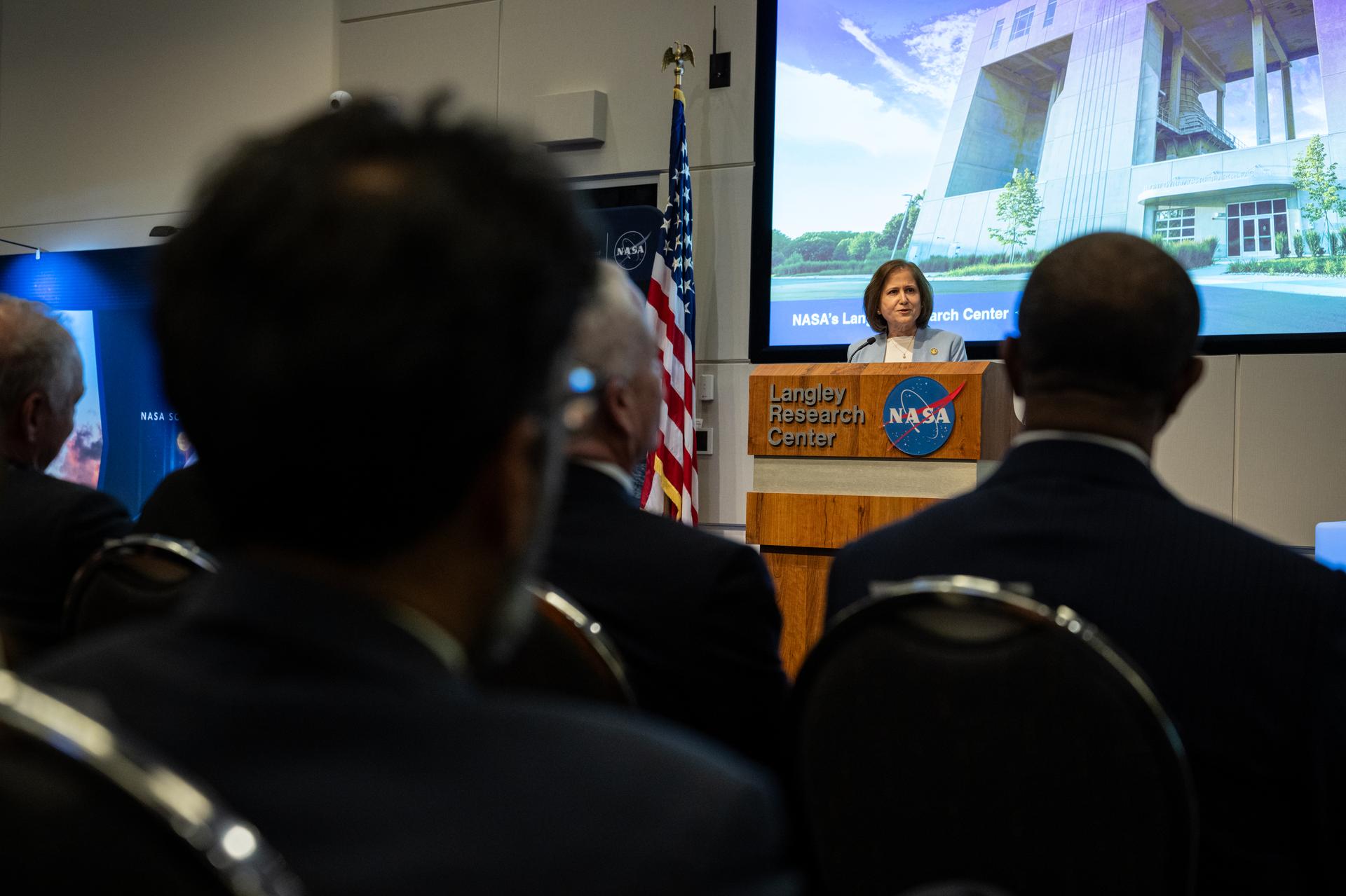 Virginia Lt. Governor Ghazala F. Hashmi delivers remarks during a ribbon cutting ceremony for the Flight Dynamics Research Facility, NASA's newest wind tunnel, Friday, July 31, 2026, at NASA’s Langley Research Center in Hampton, Virginia. The state-of-the-art facility will support research and technology development that will advance the agency’s aeronautics, exploration, and science goals, including establishing a sustained human presence on the lunar surface through the Artemis program and the development of a Moon Base. Photo Credit: (NASA/Keegan Barber)