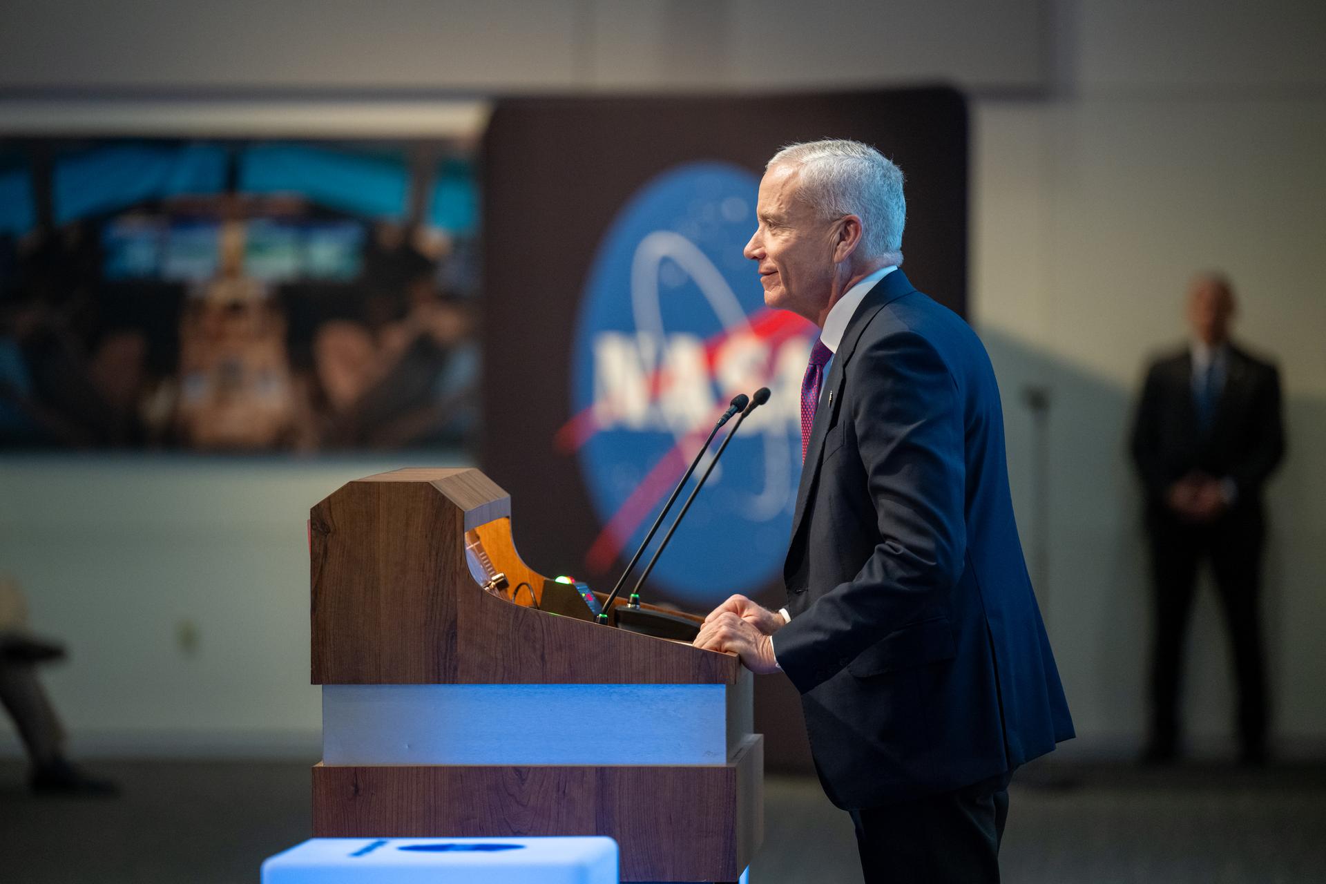 Edward C. Forst, Administrator of the General Services Administration delivers remarks during a ribbon cutting ceremony for the Flight Dynamics Research Facility, NASA's newest wind tunnel, Friday, July 31, 2026, at NASA’s Langley Research Center in Hampton, Virginia. The state-of-the-art facility will support research and technology development that will advance the agency’s aeronautics, exploration, and science goals, including establishing a sustained human presence on the lunar surface through the Artemis program and the development of a Moon Base. Photo Credit: (NASA/Keegan Barber)