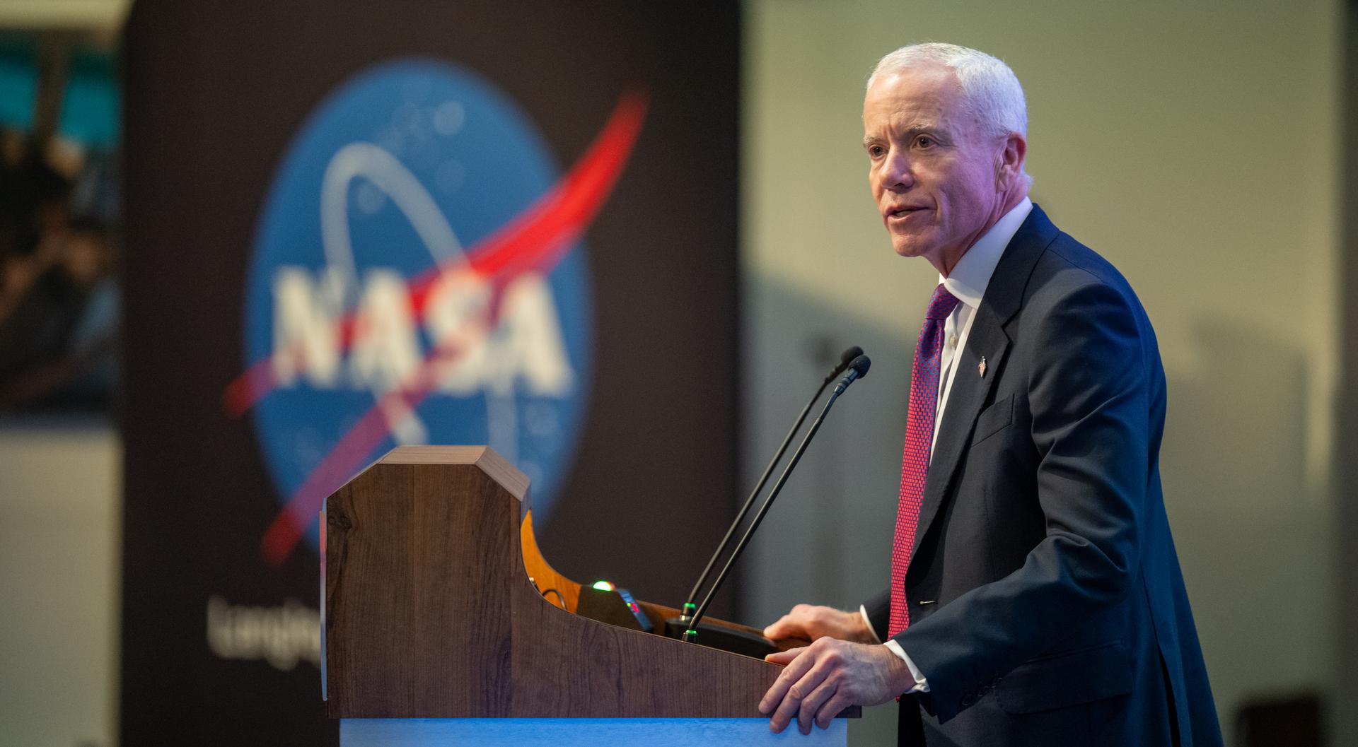 Edward C. Forst, Administrator of the General Services Administration delivers remarks during a ribbon cutting ceremony for the Flight Dynamics Research Facility, NASA's newest wind tunnel, Friday, July 31, 2026, at NASA’s Langley Research Center in Hampton, Virginia. The state-of-the-art facility will support research and technology development that will advance the agency’s aeronautics, exploration, and science goals, including establishing a sustained human presence on the lunar surface through the Artemis program and the development of a Moon Base. Photo Credit: (NASA/Keegan Barber)