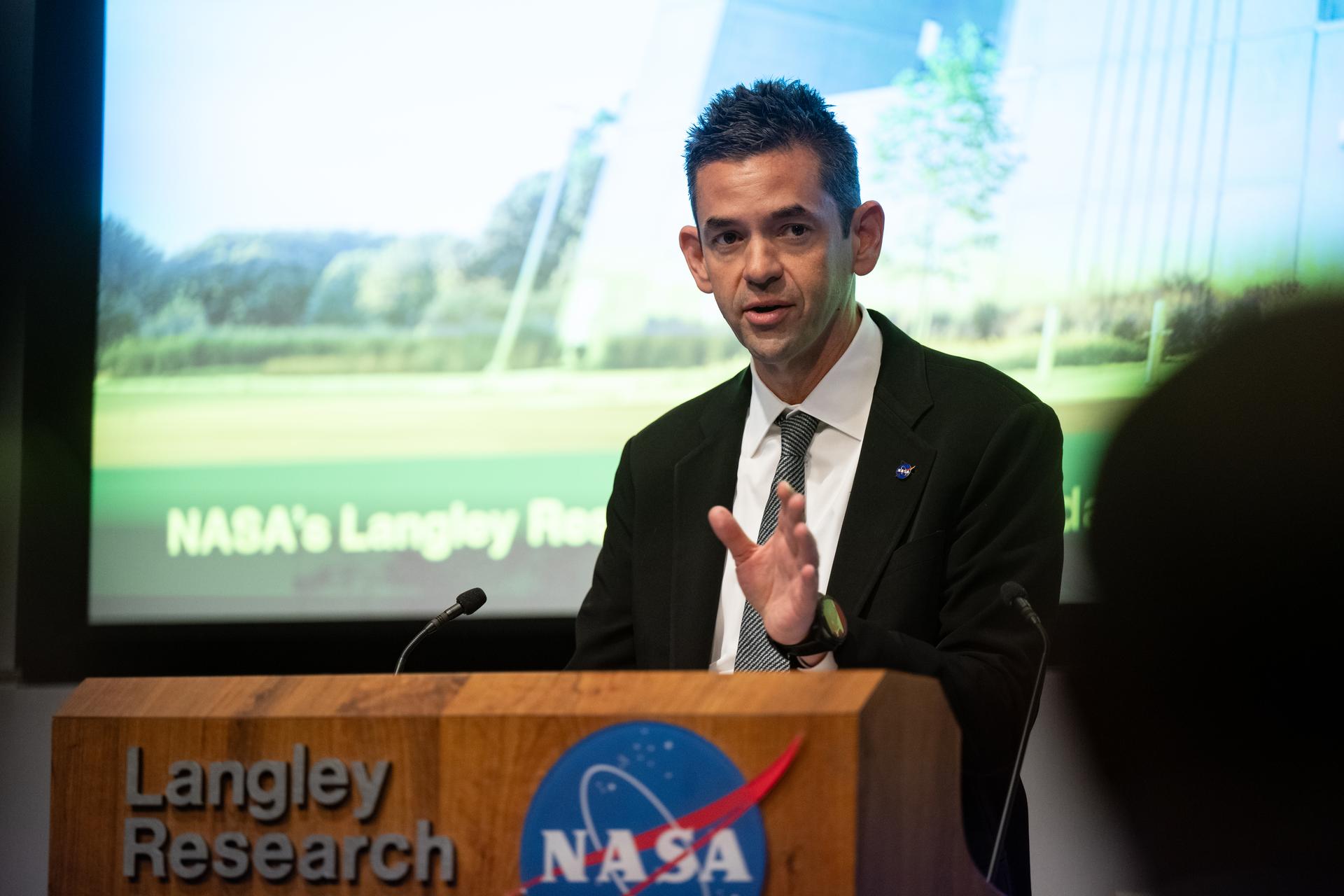 NASA Administrator Jared Isaacman delivers remarks during a ribbon cutting ceremony for the Flight Dynamics Research Facility, NASA's newest wind tunnel,  Friday, July 31, 2026, at NASA’s Langley Research Center in Hampton, Virginia. The state-of-the-art facility will support research and technology development that will advance the agency’s aeronautics, exploration, and science goals, including establishing a sustained human presence on the lunar surface through the Artemis program and the development of a Moon Base. Photo Credit: (NASA/Keegan Barber)