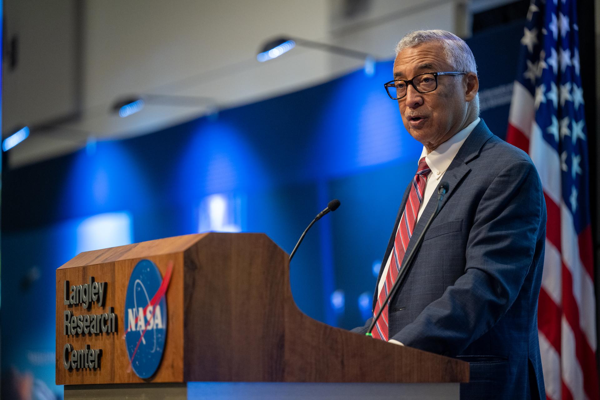 Congressman Robert “Bobby” Scott (D-Va.) delivers remarks during a ribbon cutting ceremony for the Flight Dynamics Research Facility, NASA's newest wind tunnel, Friday, July 31, 2026, at NASA’s Langley Research Center in Hampton, Virginia. The state-of-the-art facility will support research and technology development that will advance the agency’s aeronautics, exploration, and science goals, including establishing a sustained human presence on the lunar surface through the Artemis program and the development of a Moon Base. Photo Credit: (NASA/Keegan Barber)