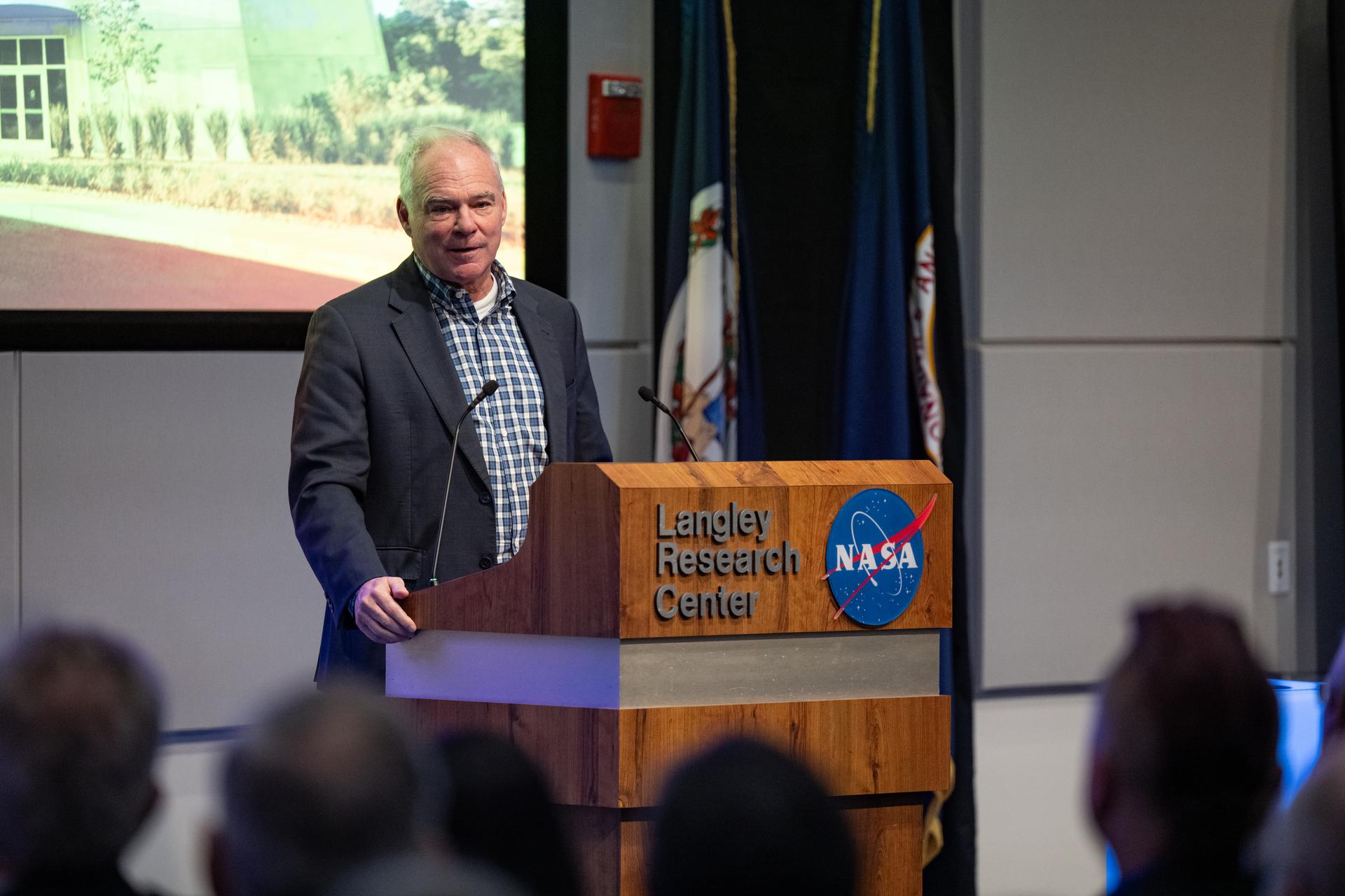 Senator Tim Kaine (D-Va.) delivers remarks during a ribbon cutting ceremony for the Flight Dynamics Research Facility, NASA's newest wind tunnel, Friday, July 31, 2026, at NASA’s Langley Research Center in Hampton, Virginia. The state-of-the-art facility will support research and technology development that will advance the agency’s aeronautics, exploration, and science goals, including establishing a sustained human presence on the lunar surface through the Artemis program and the development of a Moon Base. Photo Credit: (NASA/Keegan Barber)