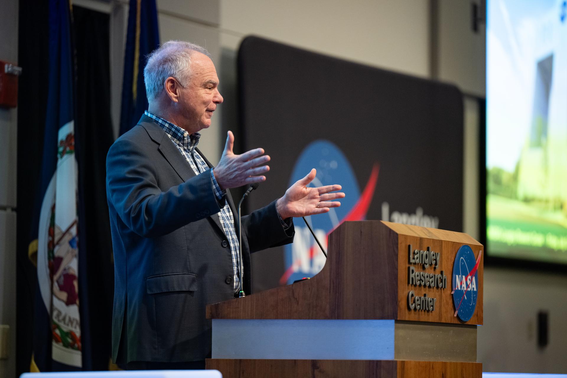 Senator Tim Kaine (D-Va.) delivers remarks during a ribbon cutting ceremony for the Flight Dynamics Research Facility, NASA's newest wind tunnel, Friday, July 31, 2026, at NASA’s Langley Research Center in Hampton, Virginia. The state-of-the-art facility will support research and technology development that will advance the agency’s aeronautics, exploration, and science goals, including establishing a sustained human presence on the lunar surface through the Artemis program and the development of a Moon Base. Photo Credit: (NASA/Keegan Barber)