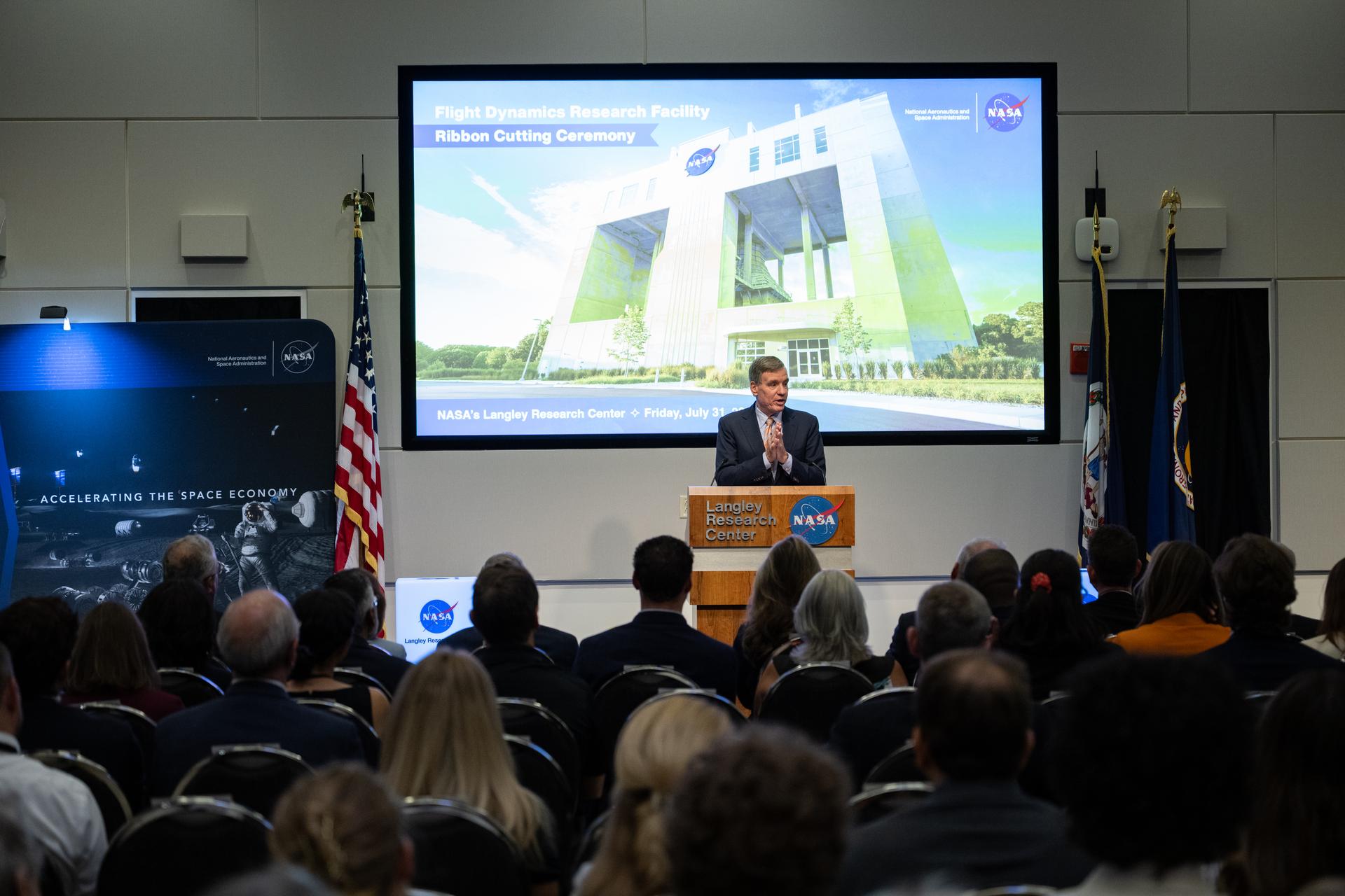Senator Mark Warner (D-Va.) delivers remarks during a ribbon cutting ceremony for the Flight Dynamics Research Facility, NASA's newest wind tunnel, Friday, July 31, 2026, at NASA’s Langley Research Center in Hampton, Virginia. The state-of-the-art facility will support research and technology development that will advance the agency’s aeronautics, exploration, and science goals, including establishing a sustained human presence on the lunar surface through the Artemis program and the development of a Moon Base. Photo Credit: (NASA/Keegan Barber)