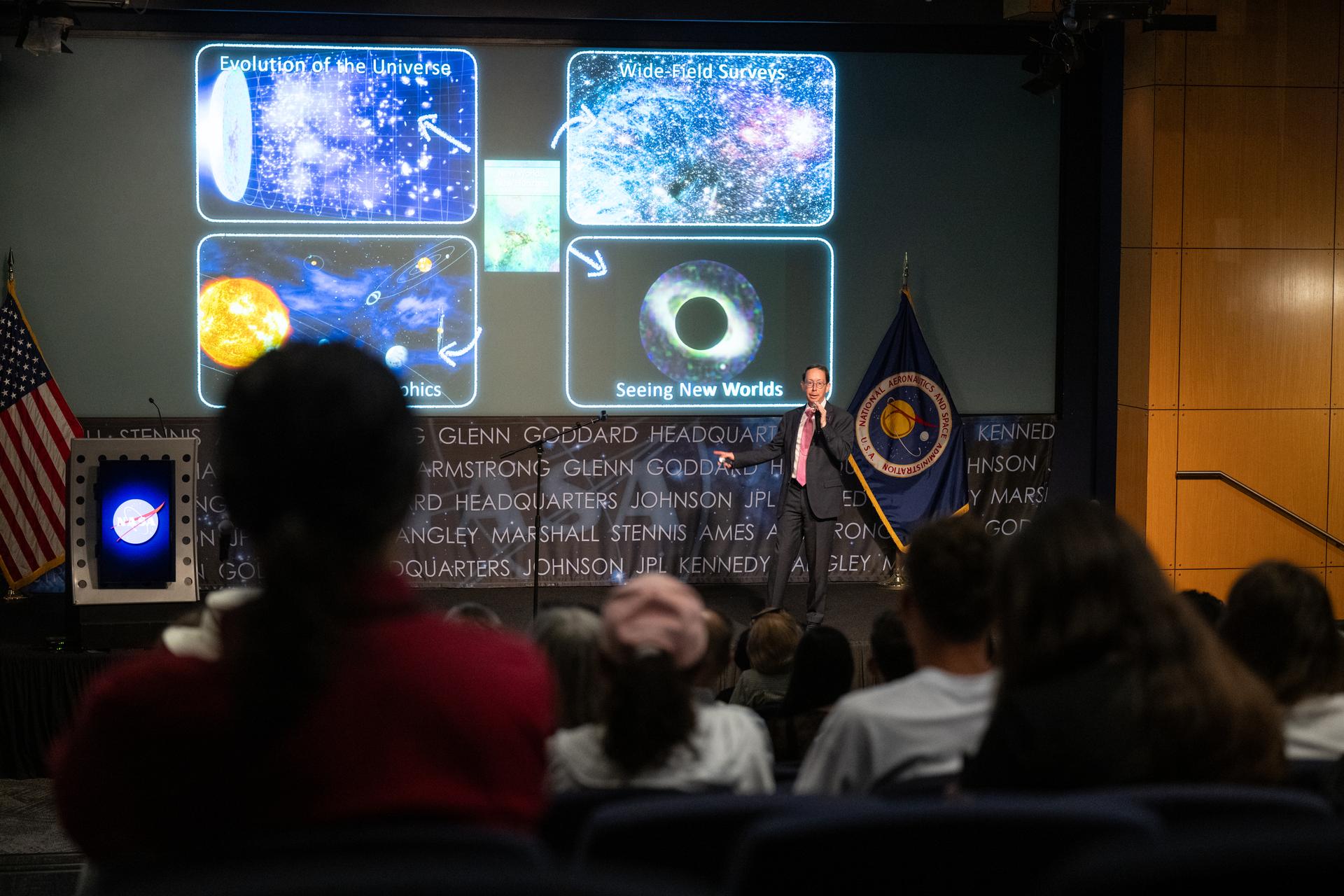 Dr. Dominic Benford, program scientist for the nancy grace roman space telescope, speaks at a Frontiers Forum event titled "Countdown to Launch – Why We’re Excited about the Nancy Grace Roman Space Telescope," Thursday, Aug. 6, 2026, at the Mary W. Jackson NASA Headquarters building in Washington.  Photo Credit: (NASA/Keegan Barber)