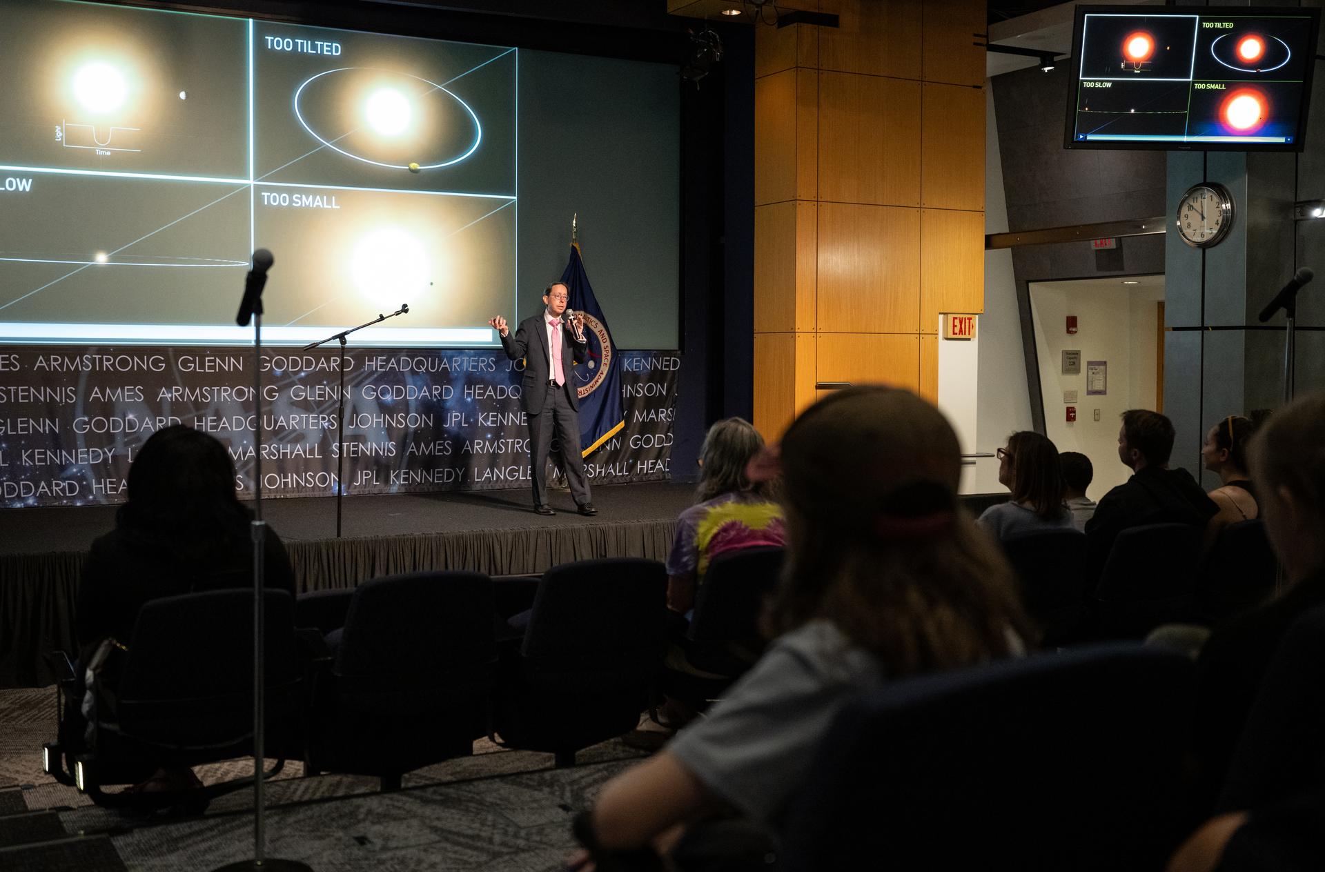 Dr. Dominic Benford, program scientist for the nancy grace roman space telescope, speaks at a Frontiers Forum event titled "Countdown to Launch – Why We’re Excited about the Nancy Grace Roman Space Telescope," Thursday, Aug. 6, 2026, at the Mary W. Jackson NASA Headquarters building in Washington.  Photo Credit: (NASA/Keegan Barber)