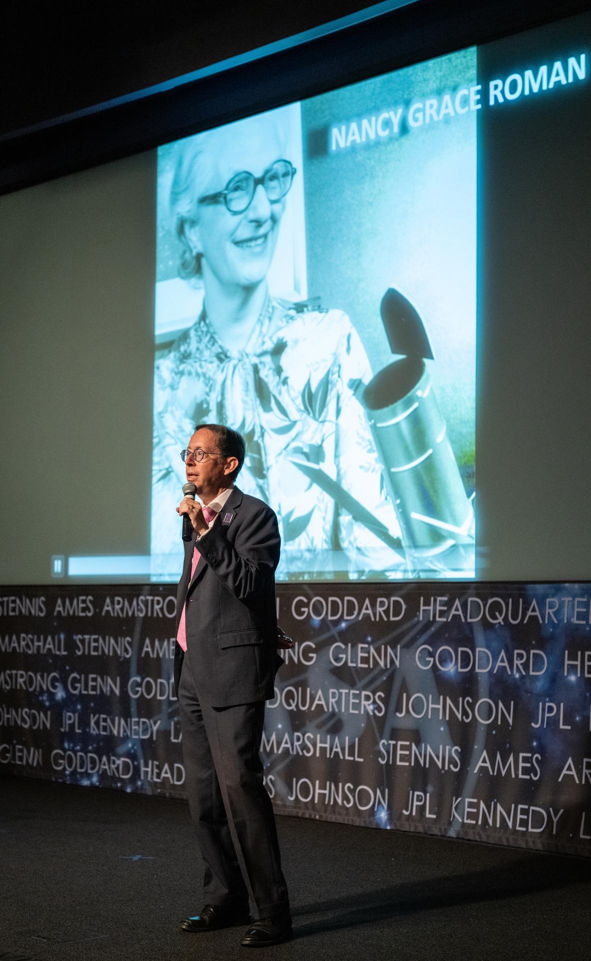 Dr. Dominic Benford, program scientist for the nancy grace roman space telescope, speaks at a Frontiers Forum event titled "Countdown to Launch – Why We’re Excited about the Nancy Grace Roman Space Telescope," Thursday, Aug. 6, 2026, at the Mary W. Jackson NASA Headquarters building in Washington.  Photo Credit: (NASA/Keegan Barber)