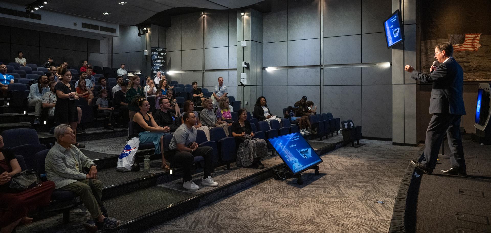 Dr. Dominic Benford, program scientist for the nancy grace roman space telescope, answers questions from visitors during a Frontiers Forum event titled "Countdown to Launch – Why We’re Excited about the Nancy Grace Roman Space Telescope," Thursday, Aug. 6, 2026, at the Mary W. Jackson NASA Headquarters building in Washington.  Photo Credit: (NASA/Keegan Barber)