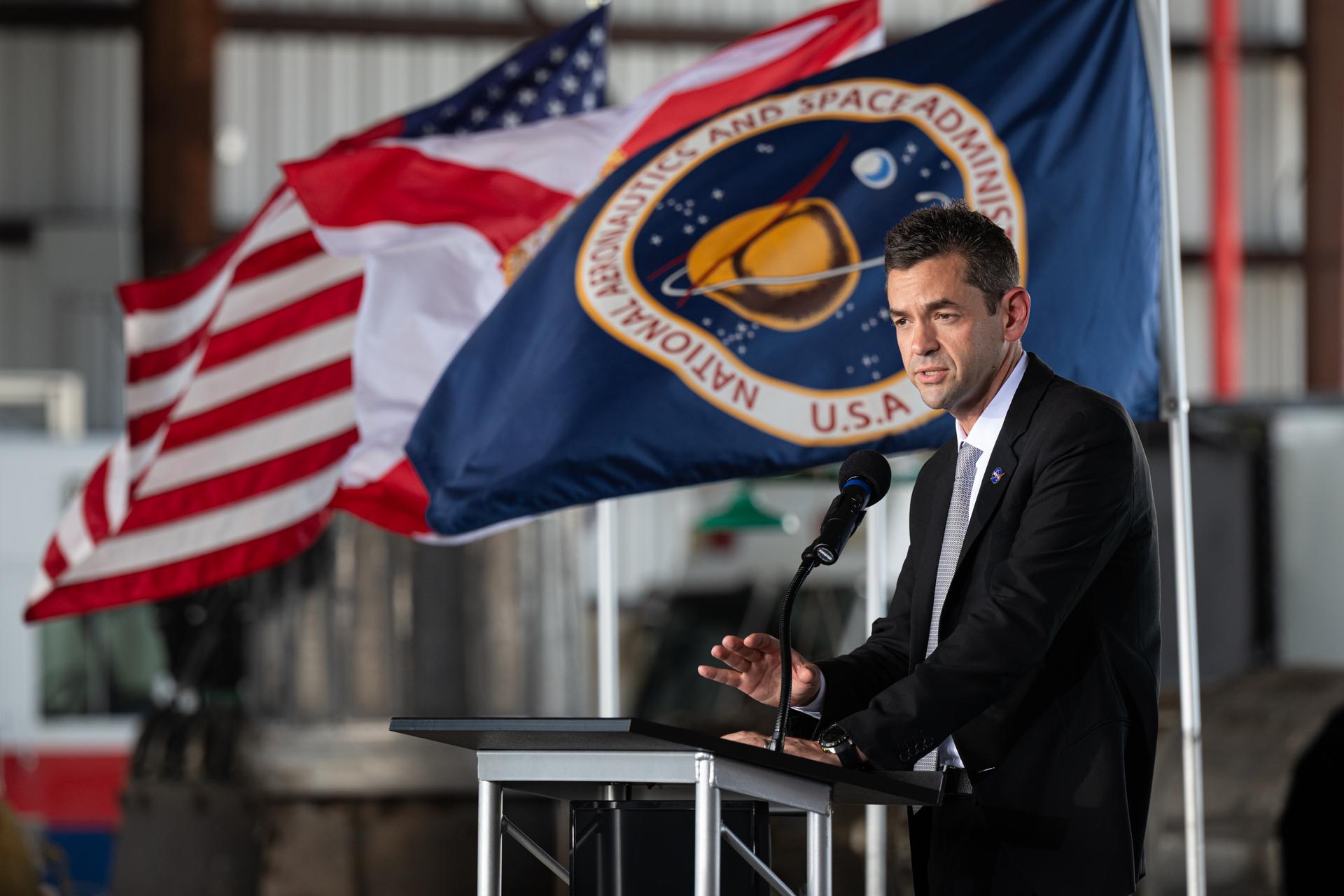 NASA Administrator Jared Isaacman speaks during a press conference, Friday, Aug. 14, 2026, at NASA's Kennedy Space Center in Florida. NASA announced the two-day MAX POWER event, taking place in November 2026, which will feature air shows, skydiving stunts, technology demonstrations, spaceflight hardware, military aircraft, behind-the-scenes access to Kennedy, talks from NASA experts, and appearances by astronauts. Photo Credit: (NASA/John Kraus)