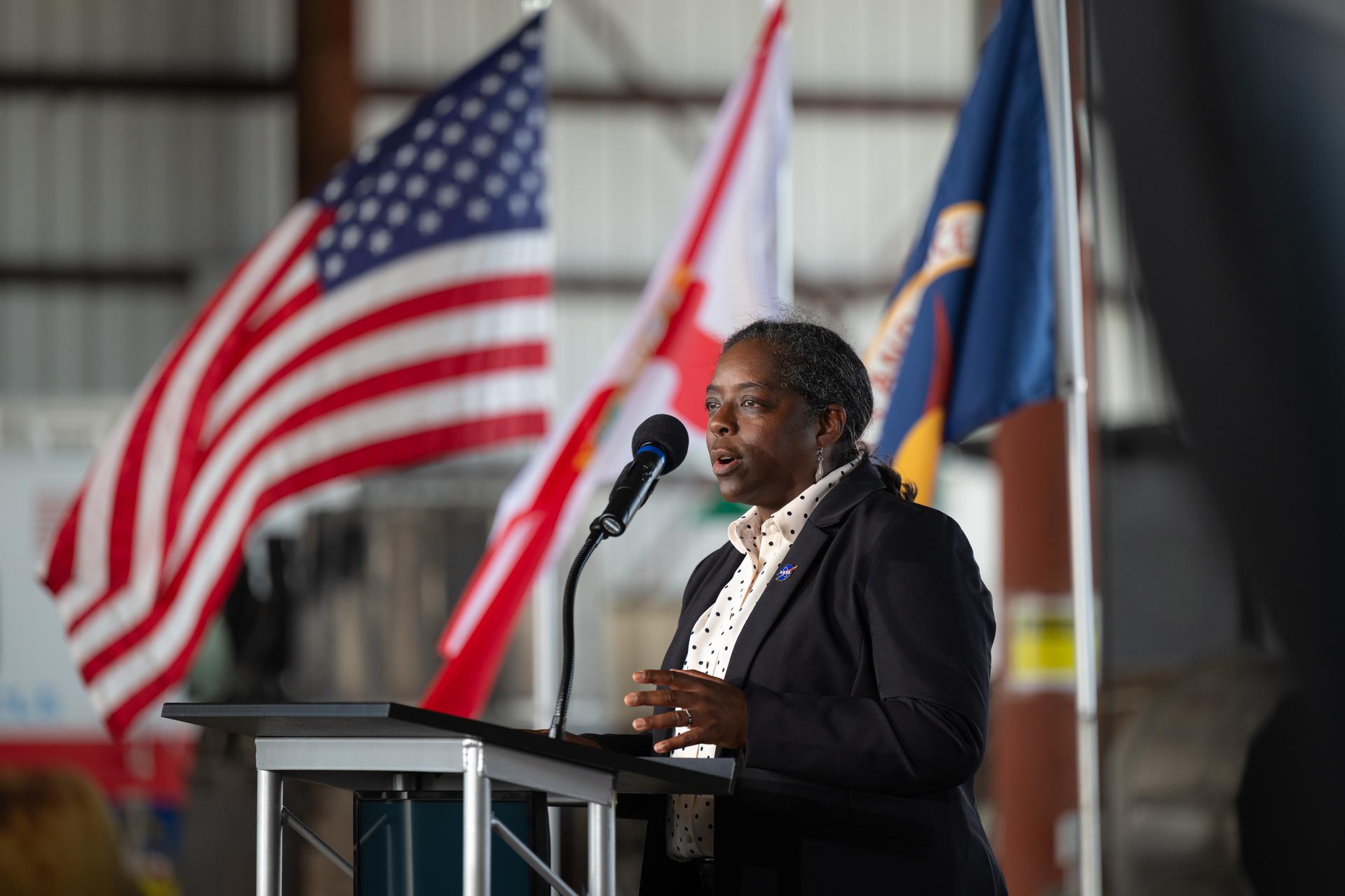 Laurie Grindle, director of the Aeronautics Division within NASA’s Research and Technology Mission Directorate, speaks during a press conference, Friday, Aug. 14, 2026, at NASA's Kennedy Space Center in Florida. NASA announced the two-day MAX POWER event, taking place in November 2026, which will feature air shows, skydiving stunts, technology demonstrations, spaceflight hardware, military aircraft, behind-the-scenes access to Kennedy, talks from NASA experts, and appearances by astronauts. Photo Credit: (NASA/John Kraus)
