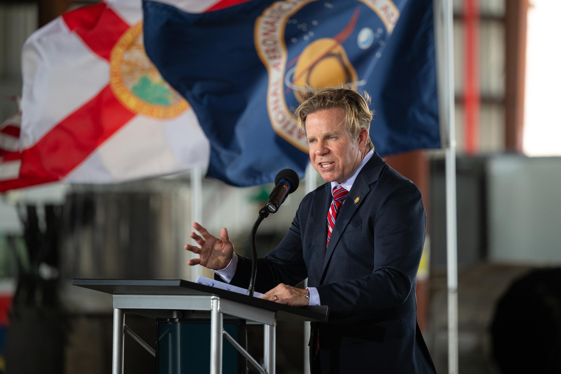U.S. Rep. Mike Haridopolos of Florida’s 8th congressional district speaks during a press conference, Friday, Aug. 14, 2026, at NASA's Kennedy Space Center in Florida. NASA announced the two-day MAX POWER event, taking place in November 2026, which will feature air shows, skydiving stunts, technology demonstrations, spaceflight hardware, military aircraft, behind-the-scenes access to Kennedy, talks from NASA experts, and appearances by astronauts. Photo Credit: (NASA/John Kraus)