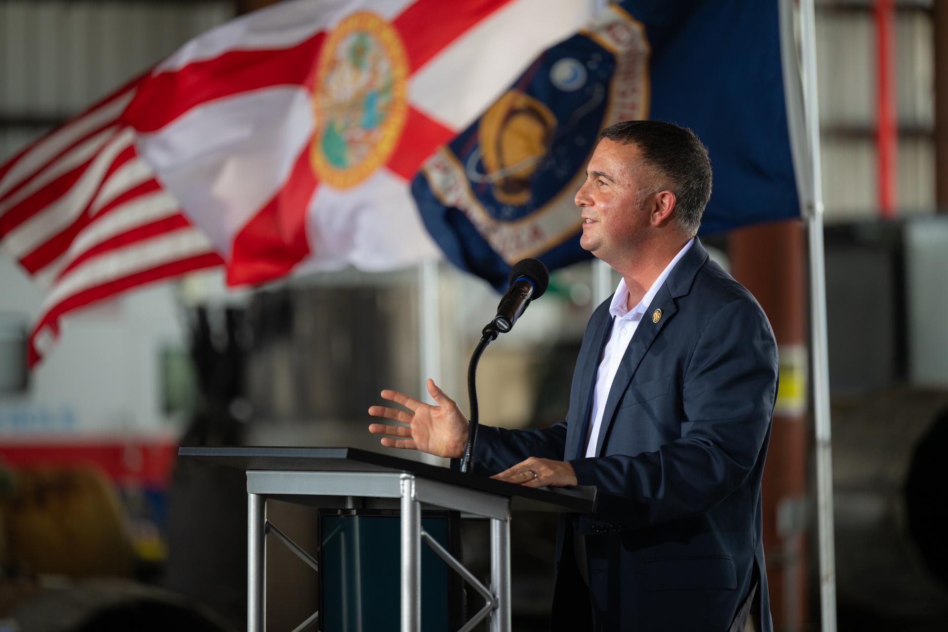 U.S. Rep. Darren Soto of Florida’s 9th congressional district speaks during a press conference, Friday, Aug. 14, 2026, at NASA's Kennedy Space Center in Florida. NASA announced the two-day MAX POWER event, taking place in November 2026, which will feature air shows, skydiving stunts, technology demonstrations, spaceflight hardware, military aircraft, behind-the-scenes access to Kennedy, talks from NASA experts, and appearances by astronauts. Photo Credit: (NASA/John Kraus)