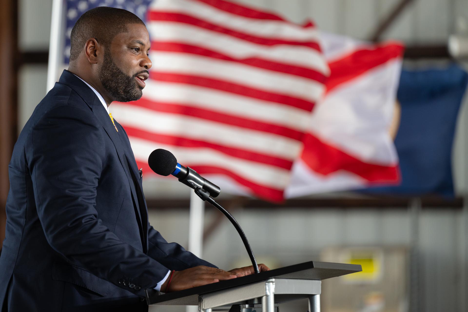 U.S. Rep. Byron Donalds of Florida’s 11th congressional district speaks during a press conference, Friday, Aug. 14, 2026, at NASA's Kennedy Space Center in Florida. NASA announced the two-day MAX POWER event, taking place in November 2026, which will feature air shows, skydiving stunts, technology demonstrations, spaceflight hardware, military aircraft, behind-the-scenes access to Kennedy, talks from NASA experts, and appearances by astronauts. Photo Credit: (NASA/John Kraus)