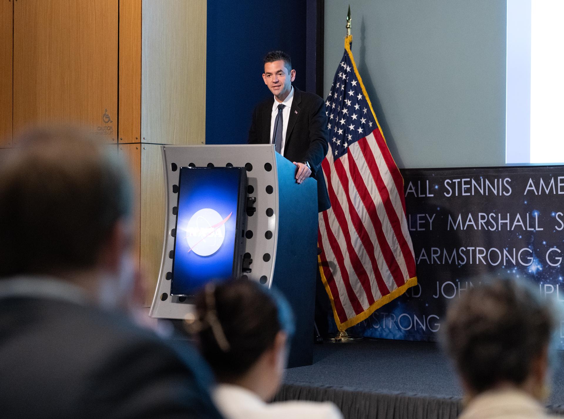 NASA Administrator Jared Isaacman delivers remarks during a White House Leadership Development Program event Friday, Aug. 21, 2026, at the Mary W. Jackson NASA Headquarters building in Washington.  Photo Credit: (NASA/Keegan Barber)