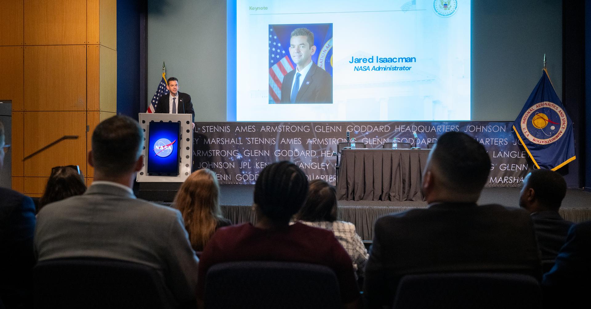 NASA Administrator Jared Isaacman delivers remarks during a White House Leadership Development Program event Friday, Aug. 21, 2026, at the Mary W. Jackson NASA Headquarters building in Washington.  Photo Credit: (NASA/Keegan Barber)