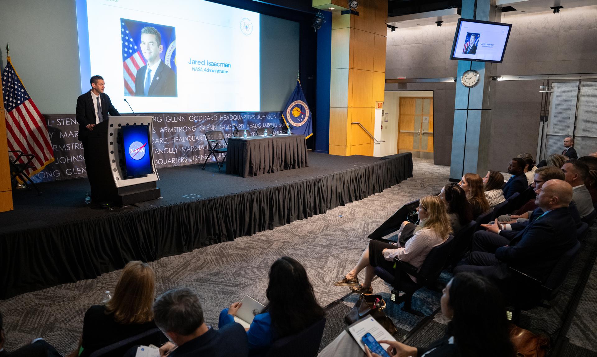 NASA Administrator Jared Isaacman delivers remarks during a White House Leadership Development Program event Friday, Aug. 21, 2026, at the Mary W. Jackson NASA Headquarters building in Washington.  Photo Credit: (NASA/Keegan Barber)