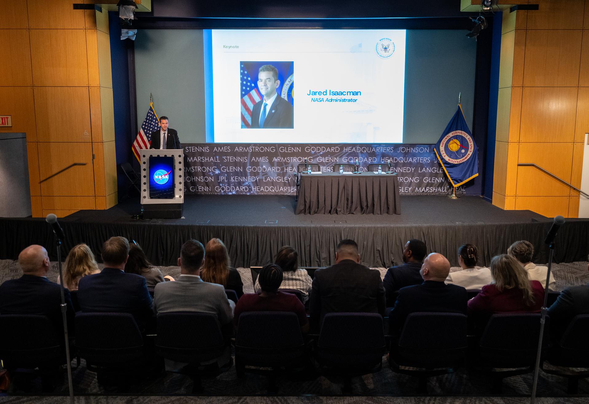 NASA Administrator Jared Isaacman delivers remarks during a White House Leadership Development Program event Friday, Aug. 21, 2026, at the Mary W. Jackson NASA Headquarters building in Washington.  Photo Credit: (NASA/Keegan Barber)