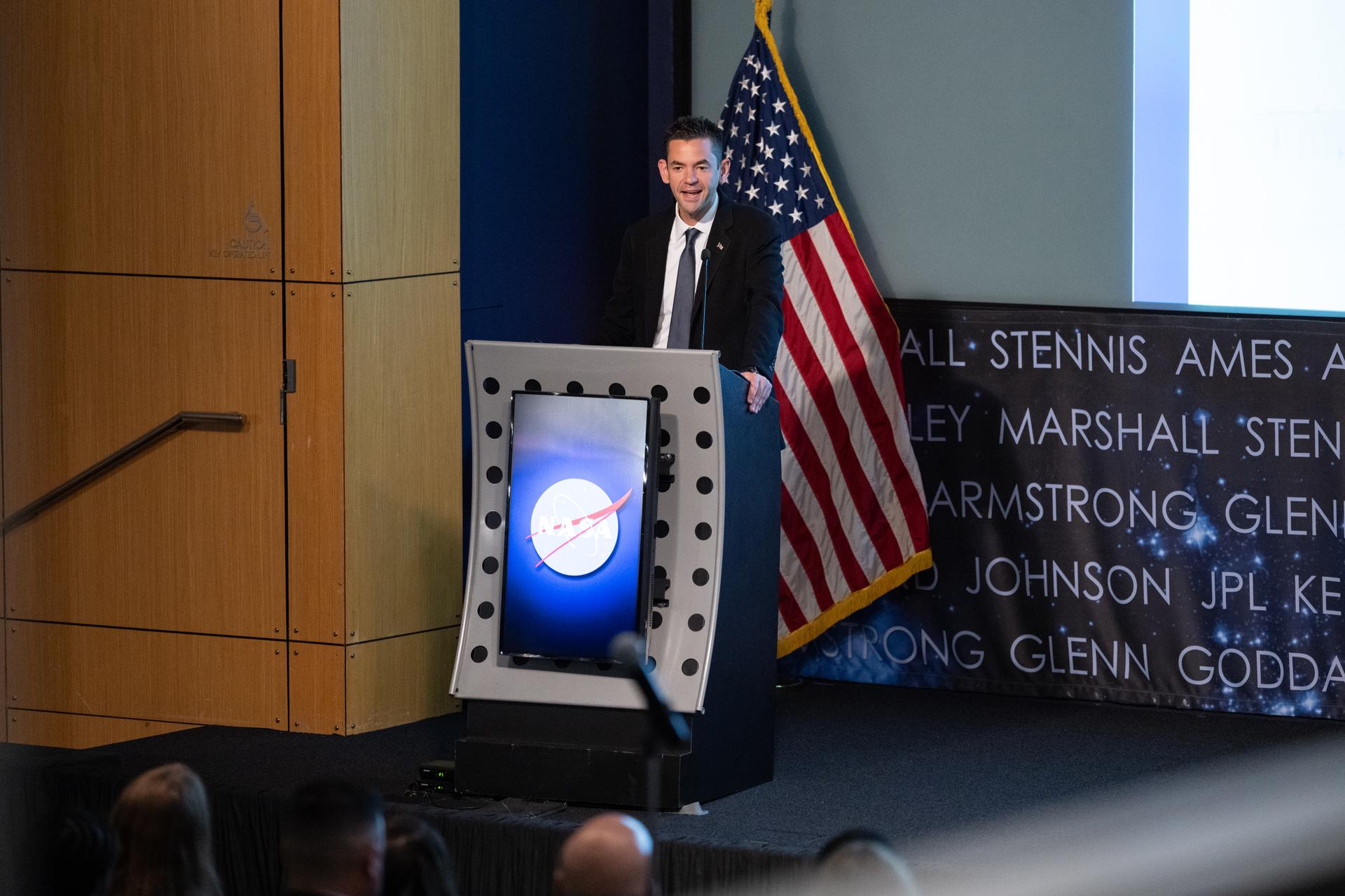 NASA Administrator Jared Isaacman delivers remarks during a White House Leadership Development Program event Friday, Aug. 21, 2026, at the Mary W. Jackson NASA Headquarters building in Washington.  Photo Credit: (NASA/Keegan Barber)