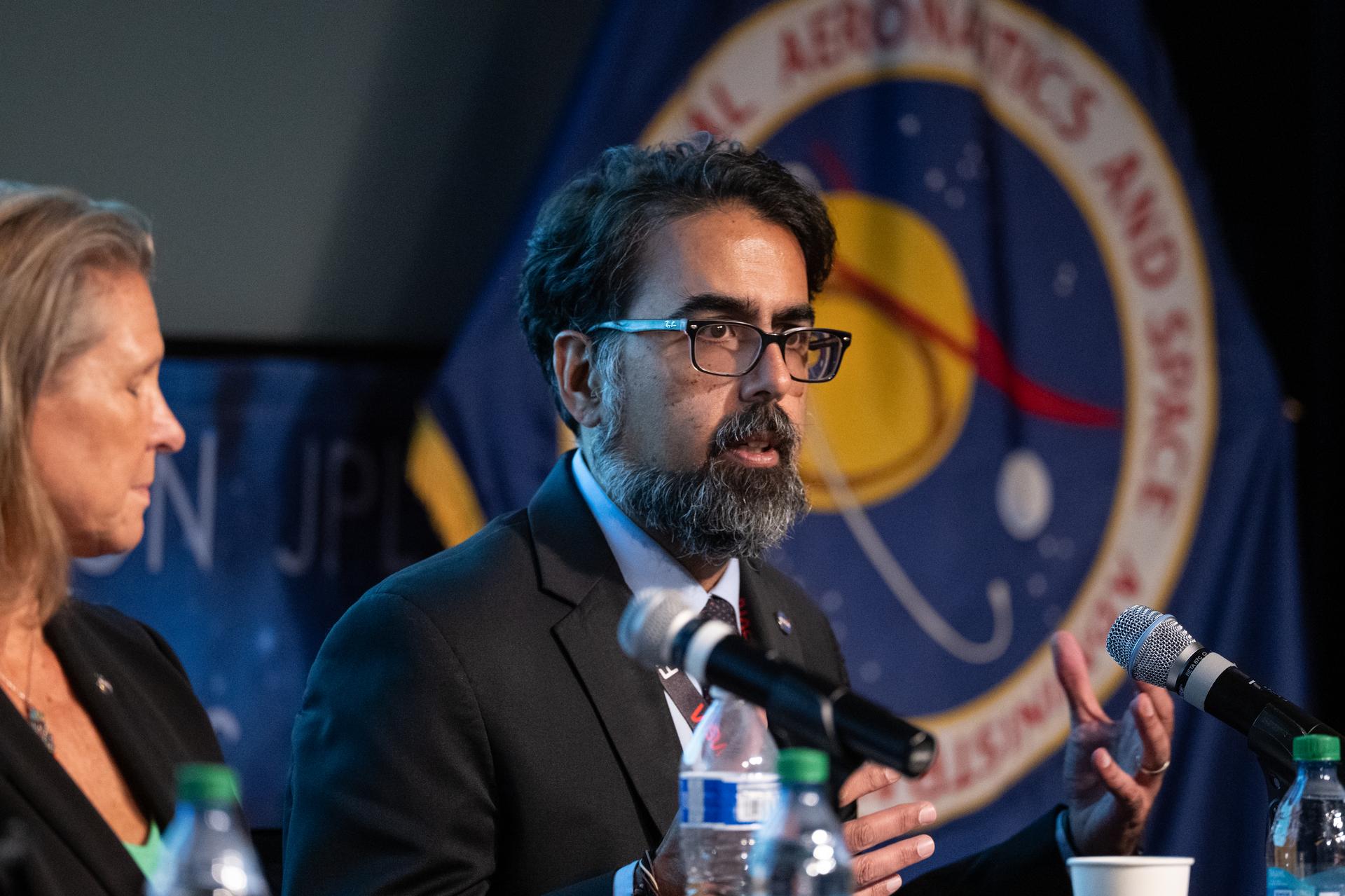 NASA Associate Administrator Amit Kshatriya, right, delivers remarks alongside Lori Glaze, associate administrator for NASA’s Human Spaceflight Mission Directorate, and Bradley Niese, assistant administrator for procurement, during a White House Leadership Development Program event Friday, Aug. 21, 2026, at the Mary W. Jackson NASA Headquarters building in Washington.  Photo Credit: (NASA/Keegan Barber)