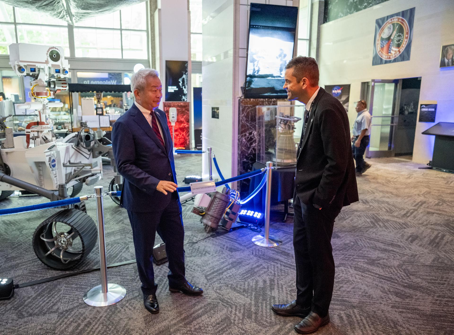 NASA Administrator Jared Isaacman, right, greets Jun Sawada, Chairman of Japan’s National Space Policy Committee (NSPC), left, Monday, Aug. 24, 2026, at the Mary W. Jackson NASA Headquarters building in Washington. Photo Credit: (NASA/Keegan Barber)