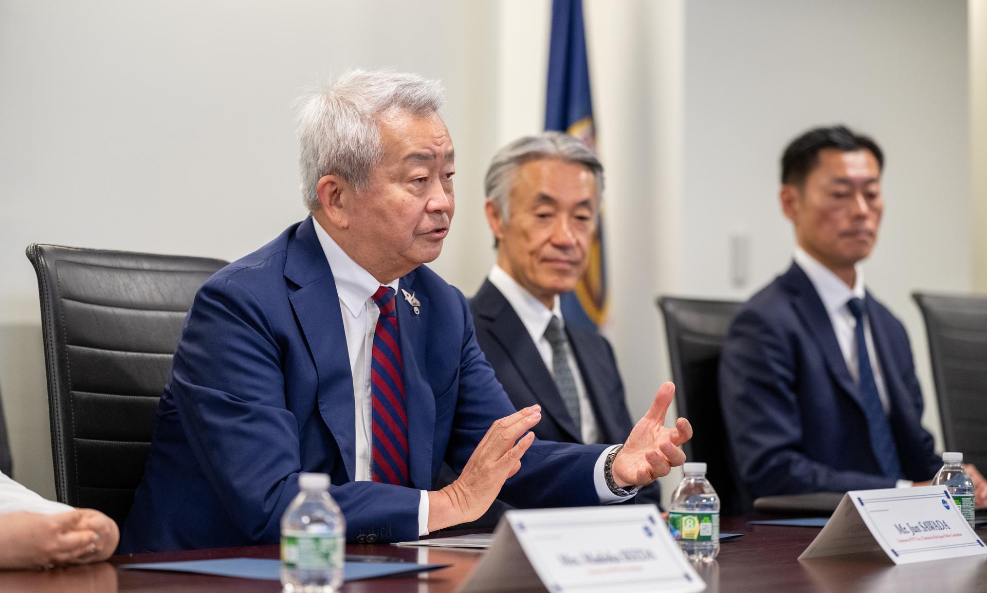 Jun Sawada, Chairman of Japan’s National Space Policy Committee (NSPC), left, speaks alongside Ambassador of Japan to the United States Shigeo Yamada, center, and Yosuke Kaneko, First Secretary for the Embassy of Japan, during meeting with NASA Administrator Jared Isaacman, Monday, Aug. 24, 2026, at the Mary W. Jackson NASA Headquarters building in Washington. Photo Credit: (NASA/Keegan Barber)
