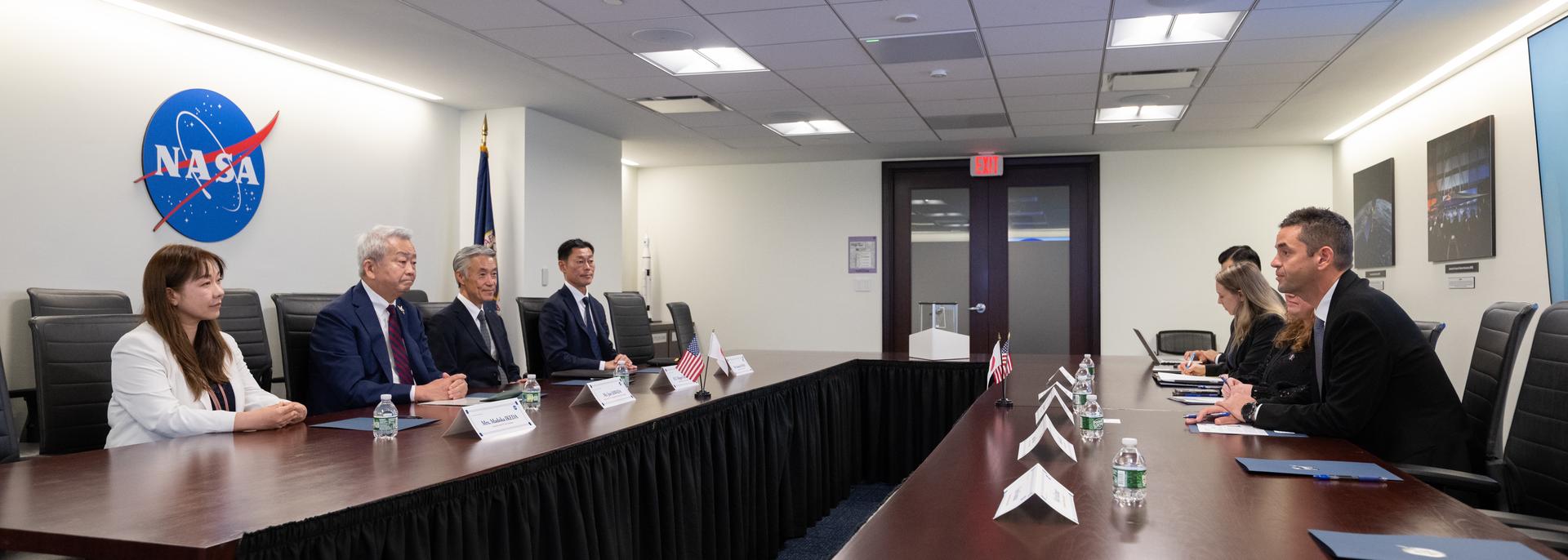 NASA Administrator Jared Isaacman, right, speaks with, from left to right, Madoka Ikeda, Secretary of Chairman, Jun Sawada, Chairman of Japan’s National Space Policy Committee (NSPC), Ambassador of Japan to the United States Shigeo Yamada, and Yosuke Kaneko, First Secretary for the Embassy of Japan, Monday, Aug. 24, 2026, at the Mary W. Jackson NASA Headquarters building in Washington. Photo Credit: (NASA/Keegan Barber)